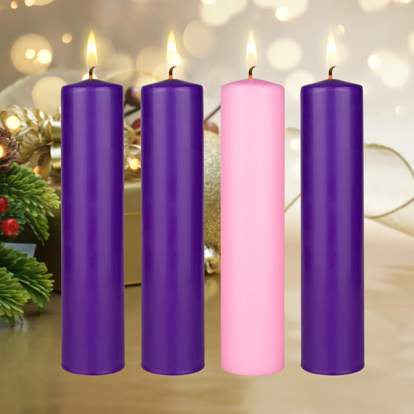 Mega Candles 4 pcs Unscented Christmas Advent Candles Set, Hand Poured Premium Wax Dome Top Round Pillar Candle 2 Inch x 9 Inch, Holidays, Festivities, Devotional, Church, Wreath, Party, Gifts