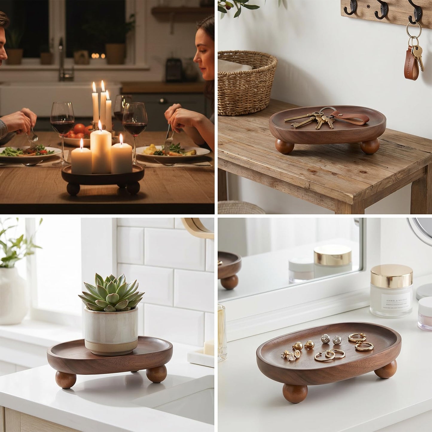 Gdfjiy Candle Tray, Wooden Candle Holder with Ball Feet, Decorative Candle Plate Candlestick Holder, Rustic Soap Dish Jewelry Tray for Bathroom, Vanity, Coffee Table, Party, Wedding and Home Decor