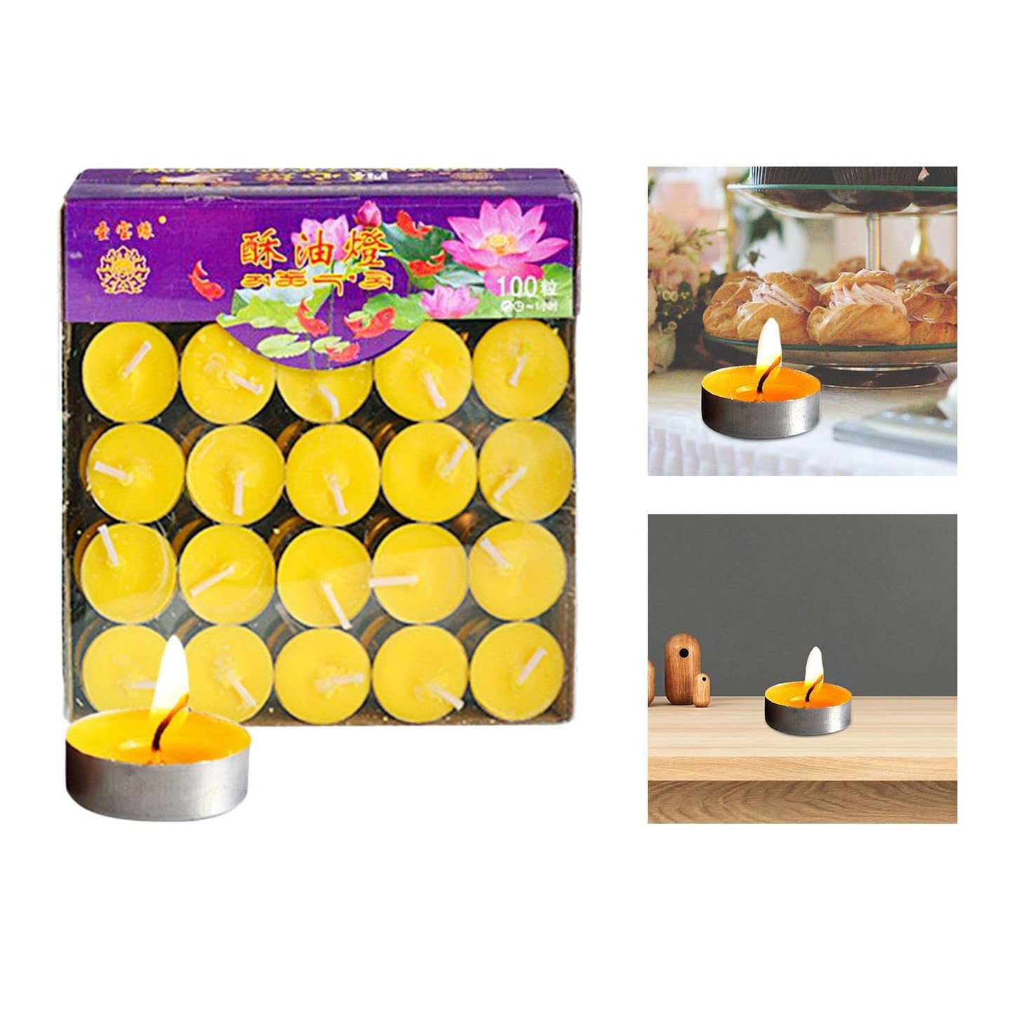 Duiaynke 100x Smokeless Round Candles 1H Long Burning Tea Light Tibetan Buddhist Church Tealight Ghee Butter Lamp Candles for Wedding Meditation Rituals Altars (Yellow)