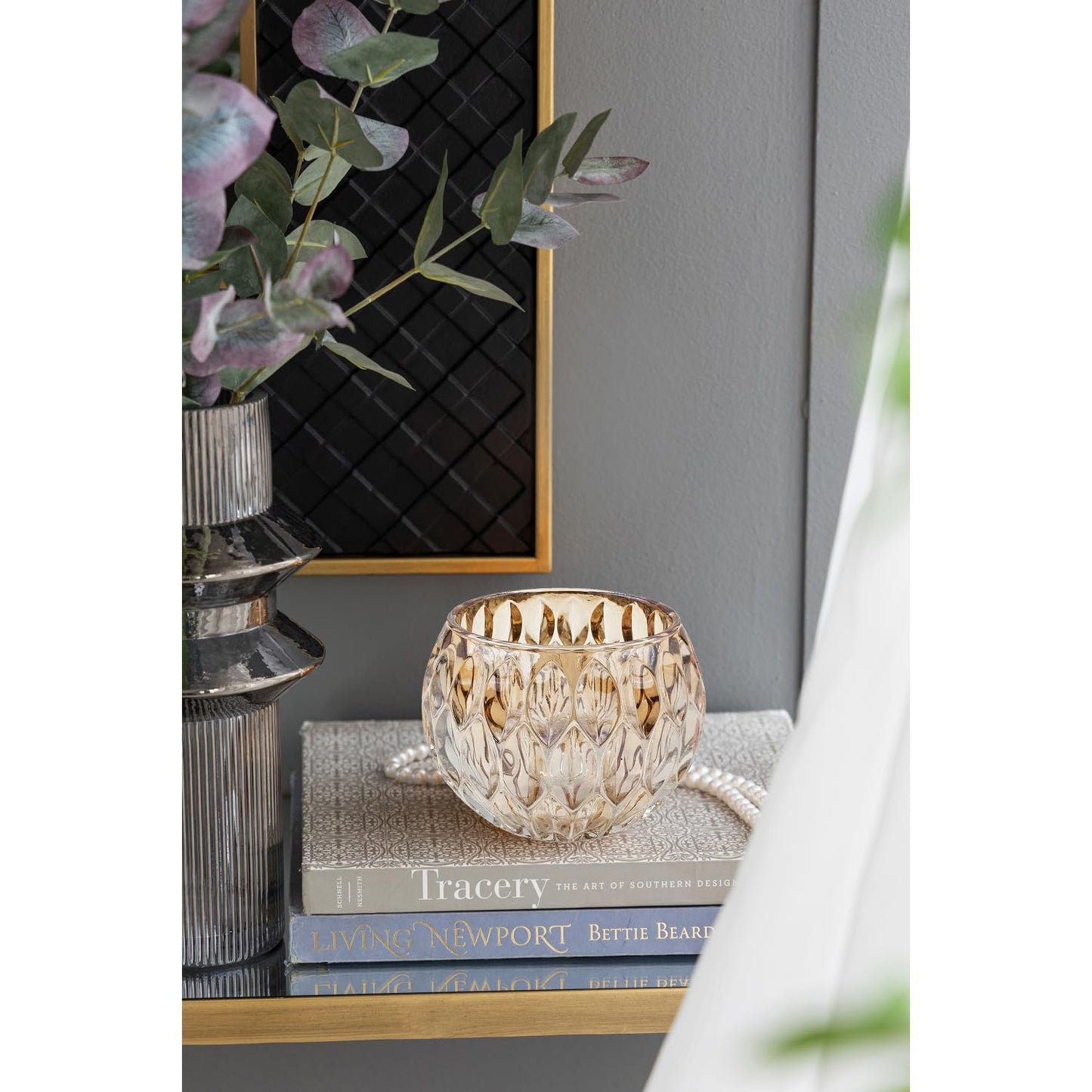 Shiny Amber Oval Cutout Glass Candleholder, 4 Pack