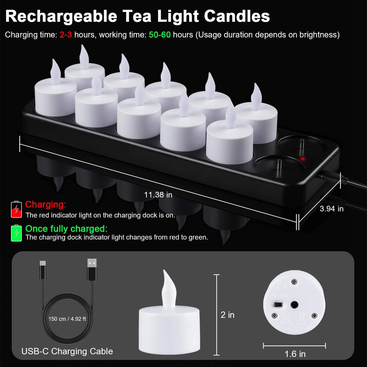 Esup Rechargeable Tea Lights Rechargeable Candles Flameless Flickering Candles Tealights 12pcs/Set with Black Charging Base, Decoration Parties, Weddings, Bar, Family, Dinner Outdoor Picnic 