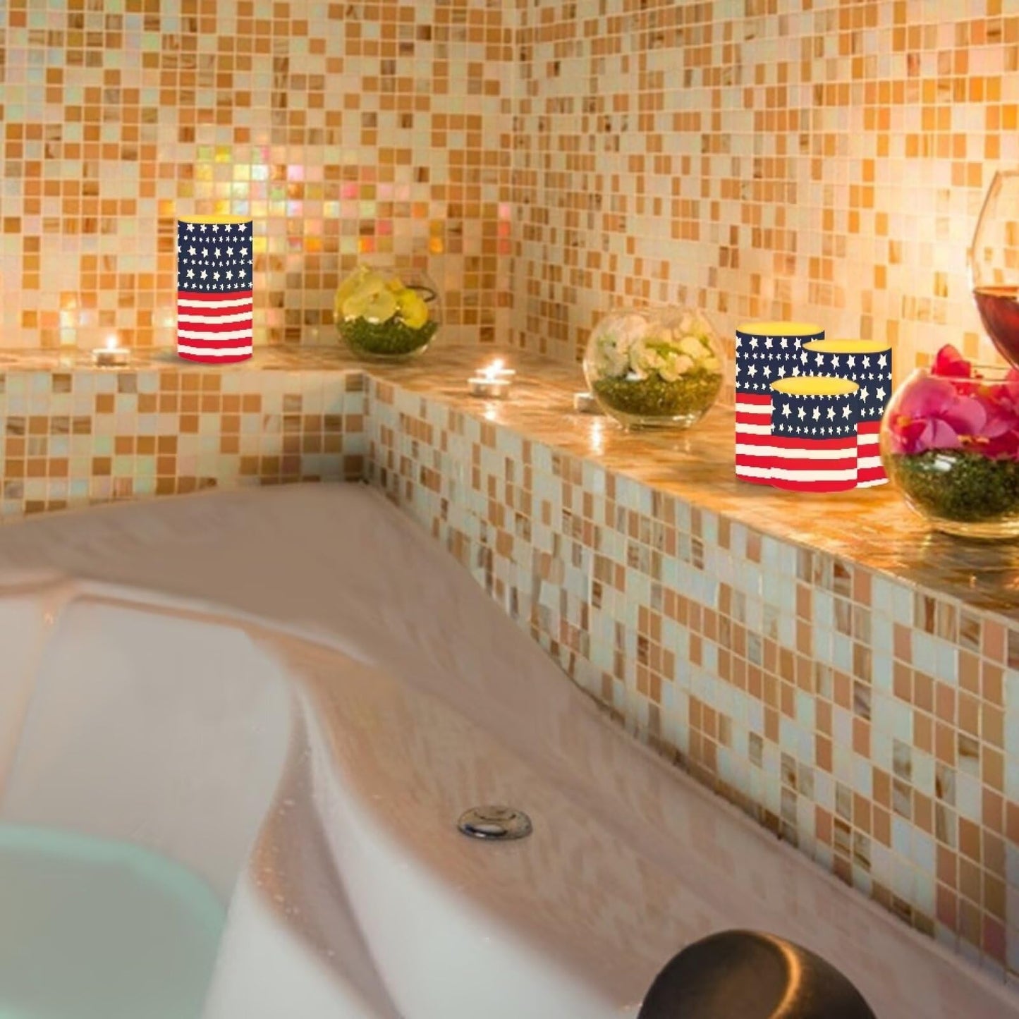 Merkmak American Flag Battery Operated Flameless Candles with Timer Remote 4 Pack Flickering LED Candles for Indoor Outdoor Coastal 4th of July Party Home Decorations