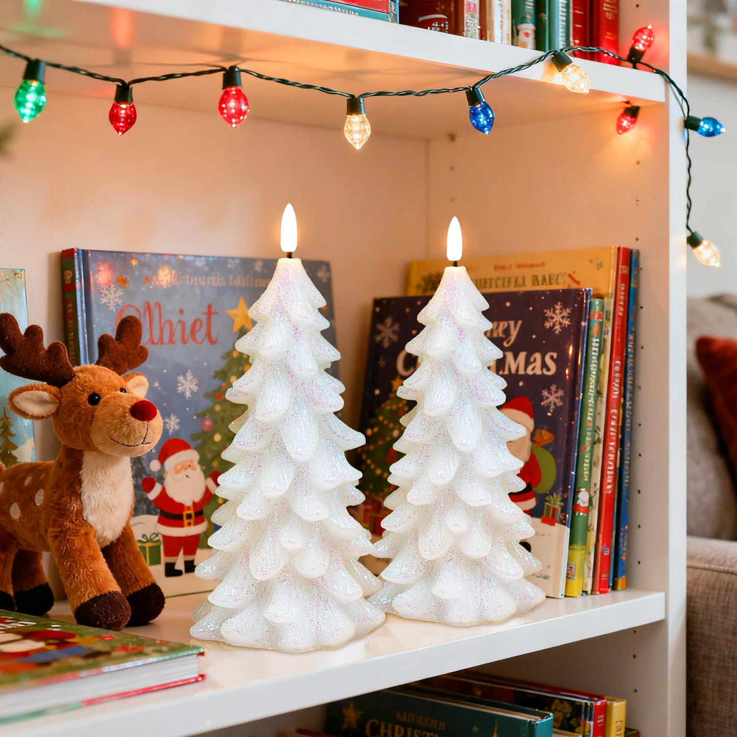 Lumeavetra Glittering Christmas Tree Shaped Flameless Candles, Flickering Real Wax Battery Operated LED Candles with Timer for Holiday Home Party Decorations, Set of 2