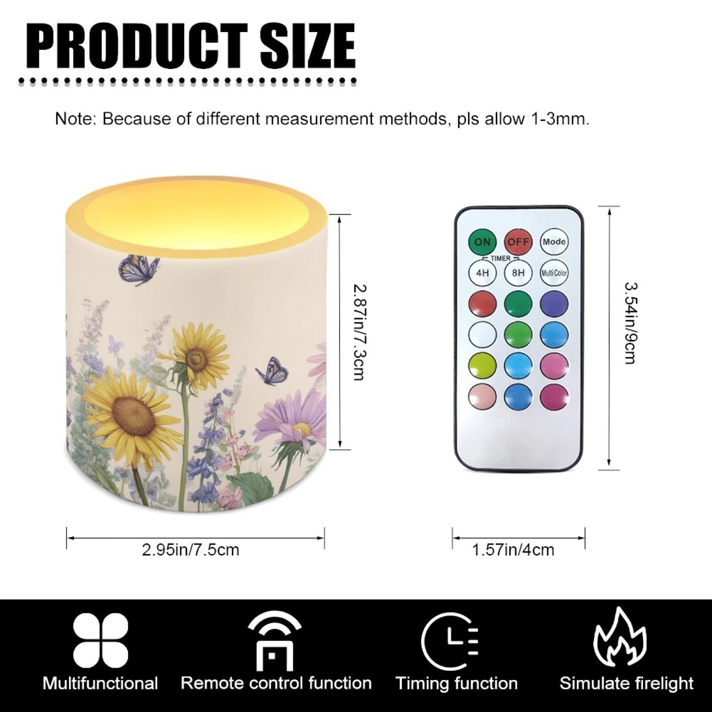 Cozeyat Sunflower Butterfly Waterproof LED Candles Set of 4 Battery Operated Flameless with Remote Timer Dancing Flame Pillar Candles for Indoor Outdoor Use