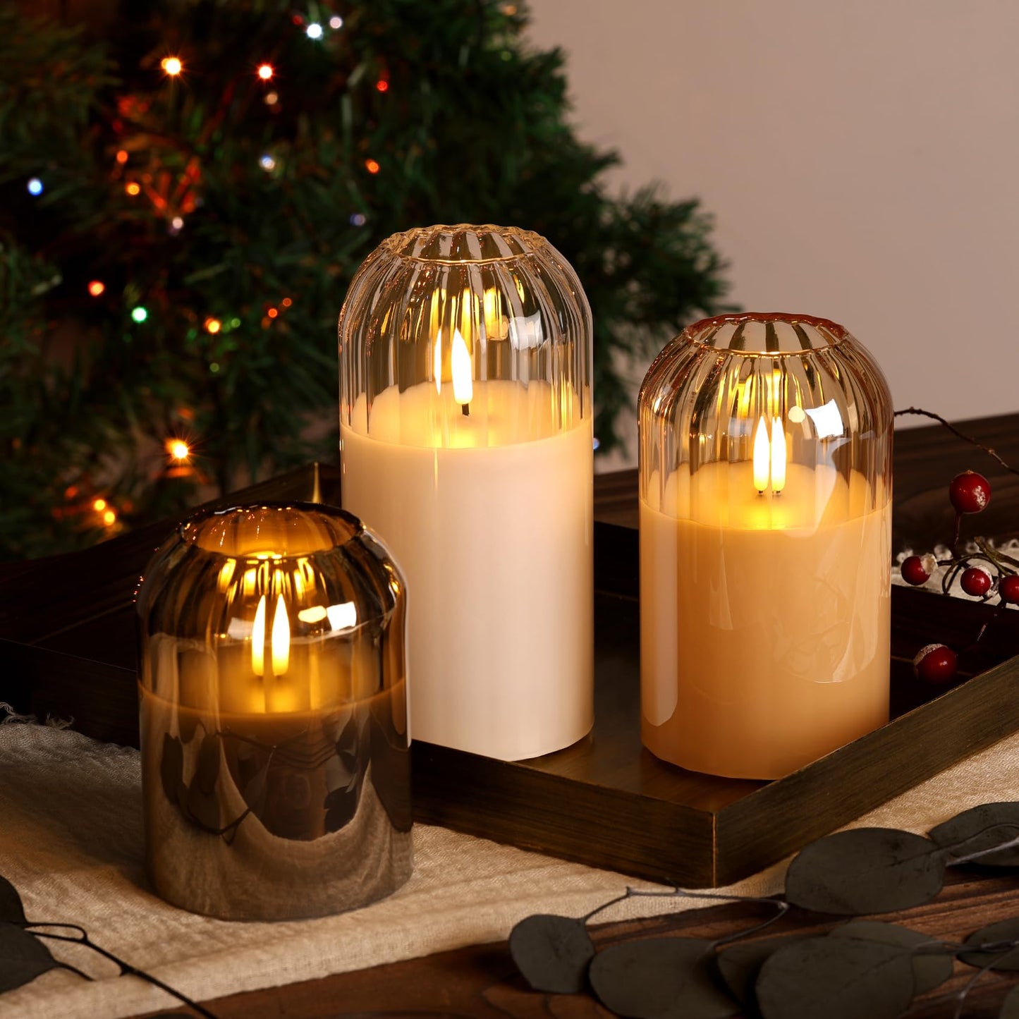 Girimax Gold Glass Flameless Candles with Remote, Real Wax Flickering Battery LED Pillar Candles Set of 3