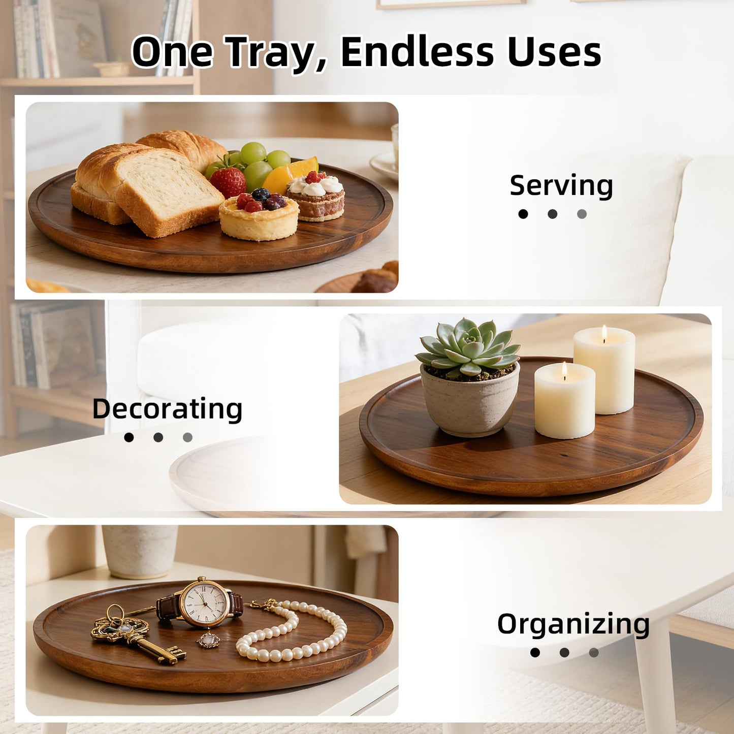 Round Acacia Wood Tray, Non-Slip Wooden Candle Tray for Coffee Table, Bathroom Vanity & Countertop, Decorative Wooden Tray for Home Décor Organizer- 11.8 Inch Diameter