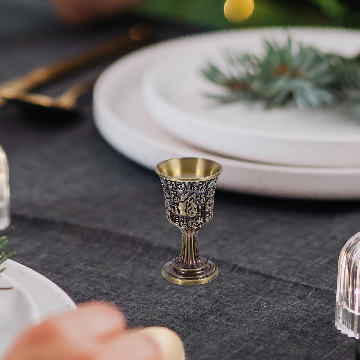 JOYOFREELY Vintage Copper Goblet Chalice Fu Character Engraving, Small Bronze Wine Drinking Cup for Home Bar, Traditional Chinese Style Shot Glass