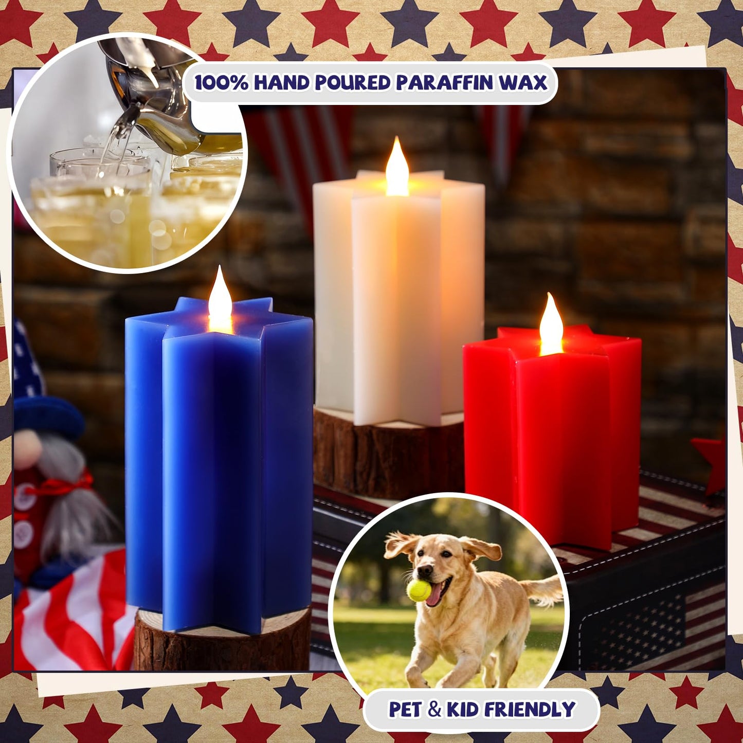 LCZLUMIPRO 3 Pack Star Shaped 4th of July Flameless Candles, Red White and Blue Patriotic Battery Operated LED Candles, Decorative Pillar Candles for Independence Day Home Party Decor