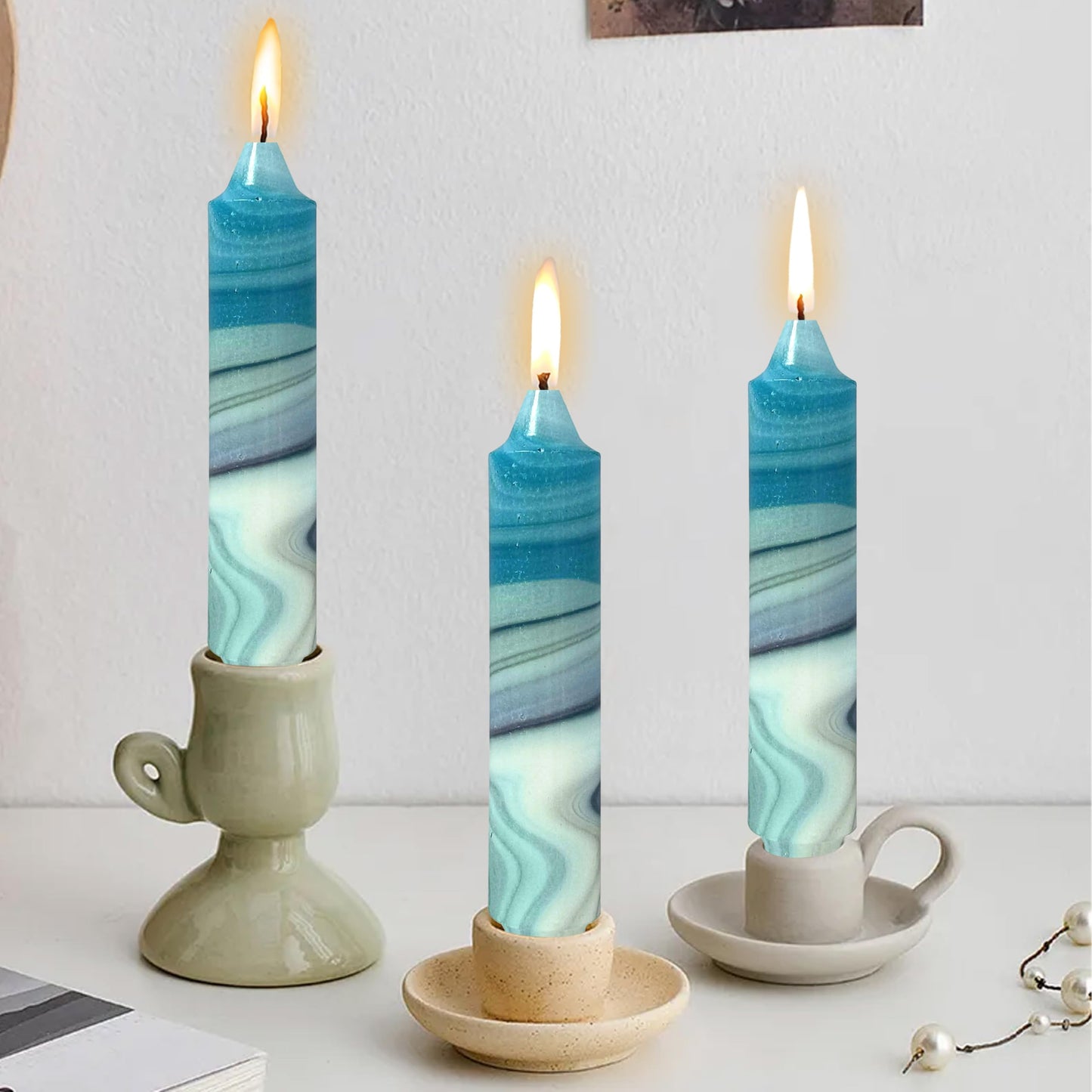 7 inch Short Candle Blue Quicksand Print Candle 4 Pack Handmade Unscented Taper Candles Printed Candlestick Smokeless Tapered Candles for Home Dinner Wedding Holiday