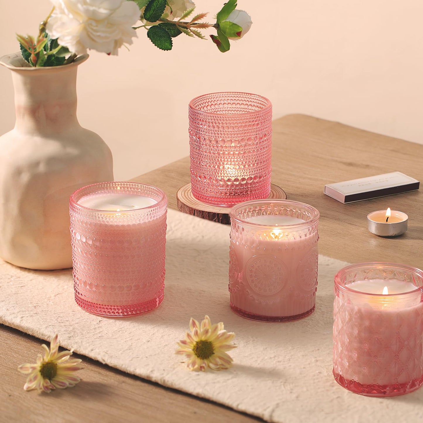 DARJEN 12 Pack Pink Candle Jars for Making Candles- 3 Styles Glass Candle Making Jars Bulk with Bamboo Lids and Labels, Candle Making Supplies Candle Vessels for DIY Gifts