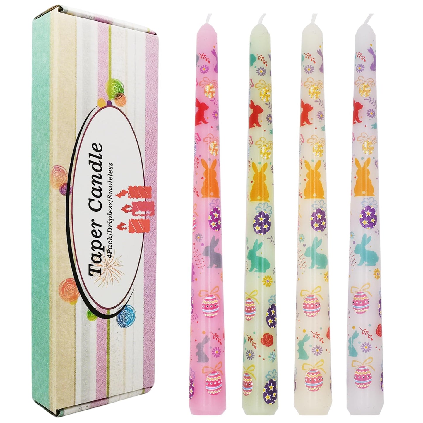 FYBW 4 Pack Easter Printed Taper Candles, 10" Long Decorative Candles with Spring Bunny & Egg Design Decorative Candles for Easter Table & Home Decor
