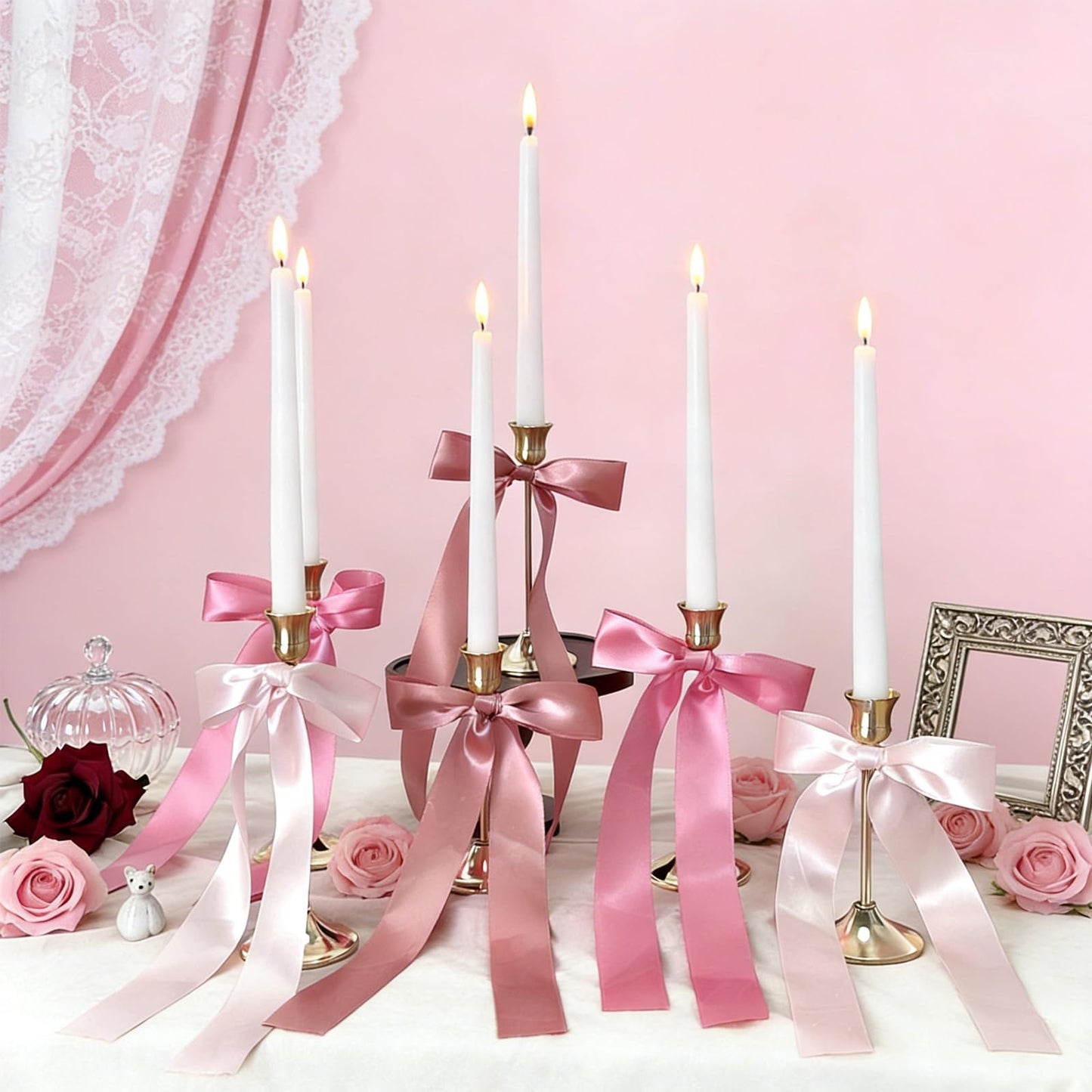 JarThenaAMCS 6Pcs Candle Stick Holders with Candles Satin Ribbon Bows Gold Metal Taper Candle Holders for Bride Shower Wedding Party Fireplace Table Centerpiece Decor