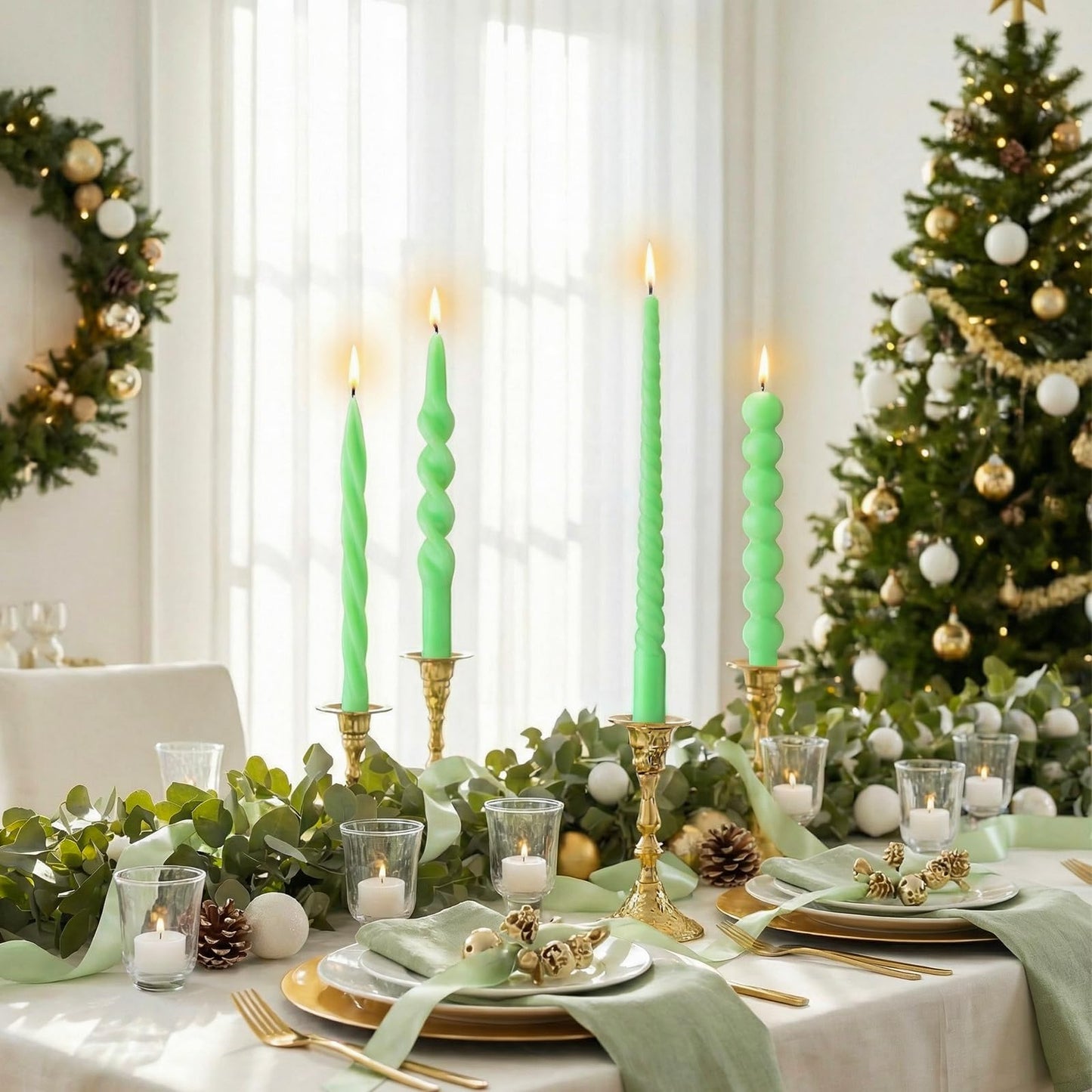 Conelist 10 Inch Green Twisted Taper Candles Set of 6, Tall Smokeless Twisted Candlesticks for Wedding Holiday Birthday Home Party Decorations