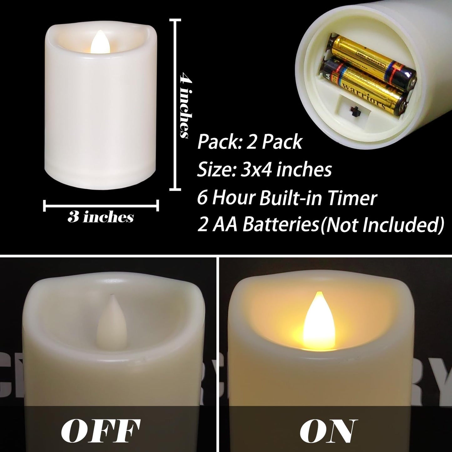 2 Pack Outdoor Battery Operated Candles with Timer (3x4 Inch) Waterproof Flameless Flickering Pillar Candles Plastic LED Fake Candle for Halloween Christmas Decoration Outside Lantern Festival Decor