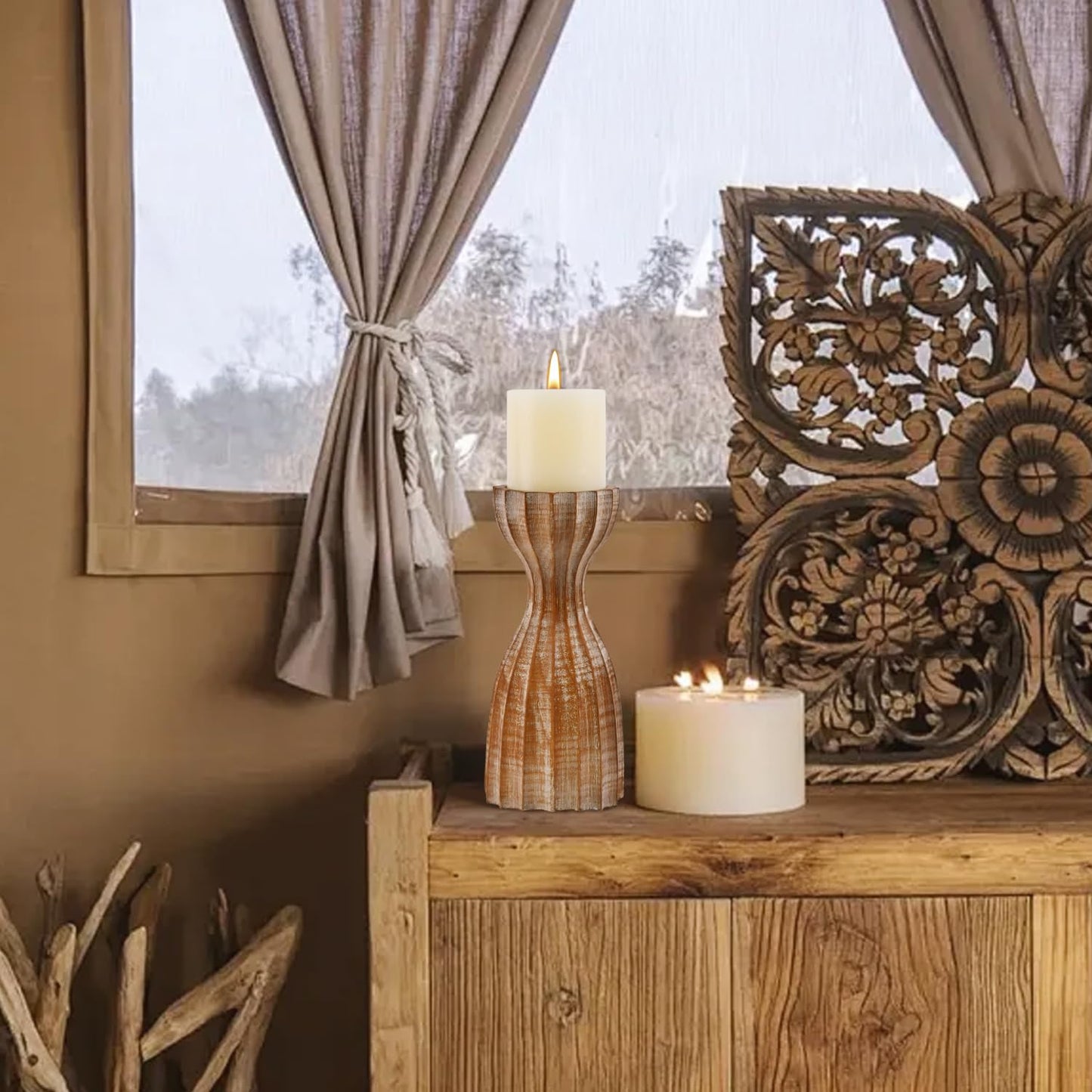 Farmhouse Wooden Candle Holders for Pillar Candles, Brown Prism Rustic Wood Pillar Candle Stands Table Centerpiece Decor for Fireplace, Living, and Dining Room