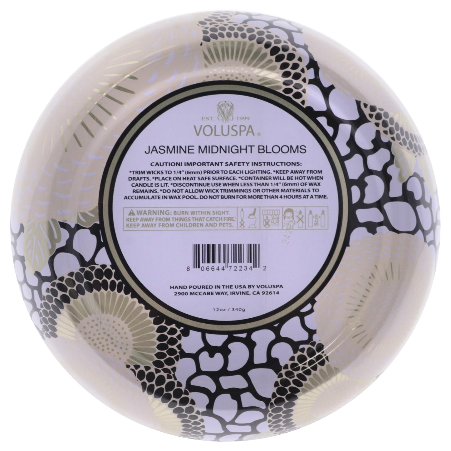 Voluspa Jasmine Midnight Blooms Candle, 3 Wick Tin Candle Jar, 12oz, 40 Hour Burn Time, Coconut Wax Candle for The Home, Poured in the USA