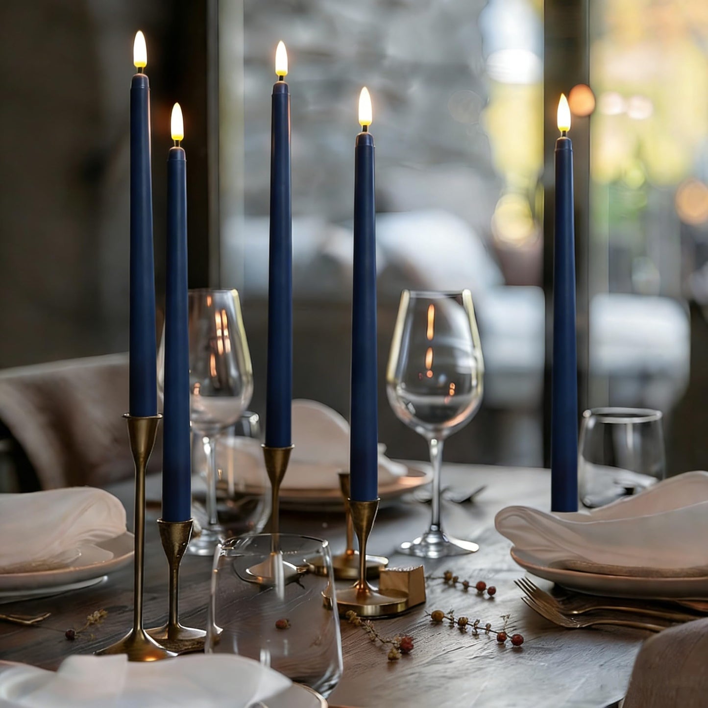 Ni-JASW Navy Blue Flameless Taper Candles with Remote Timer, Flickering Battery Operated LED Candlesticks Home Decor Set of 12