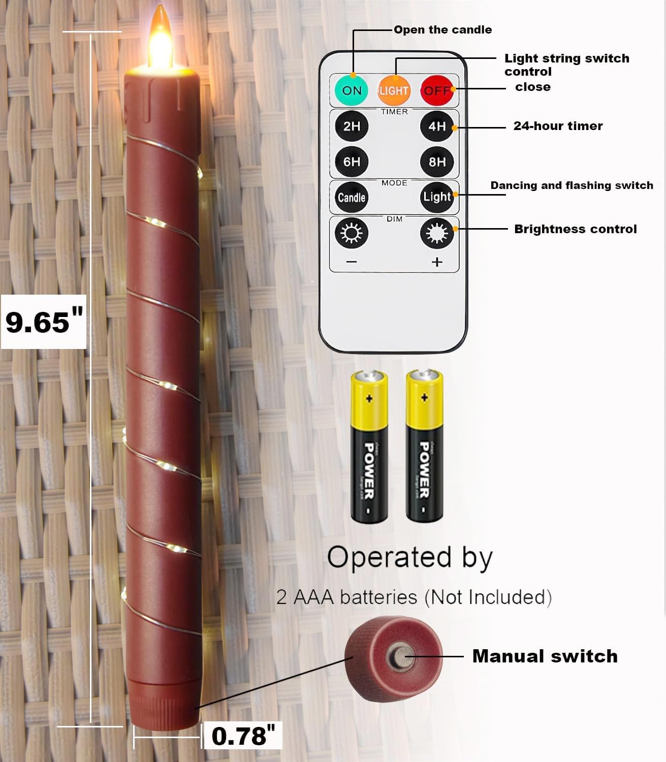 Flameless Cone-Shaped Candle, Patented with Starlight String, 11 Key Remote Control, Timer, Battery Powered, Patented Simulated Flame, 3 Packs, Christmas Home and Wedding Decoration (red)