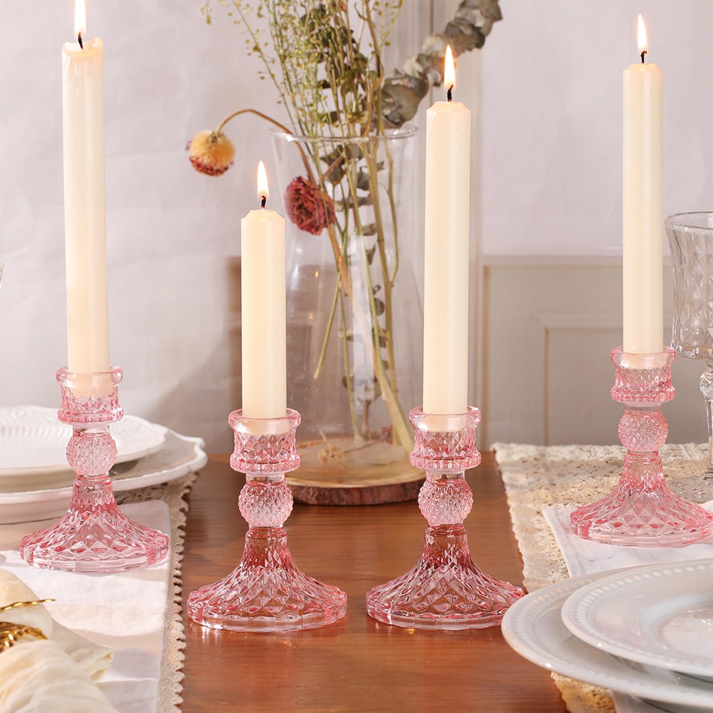12Pcs Pink Candlestick Holders Set- 4" H Taper Candle Holders Bulk, Glass Candle Holders for Wedding, Party, Romantic Dinner Table Centerpieces, Festival Gifts & Windowsill Decor