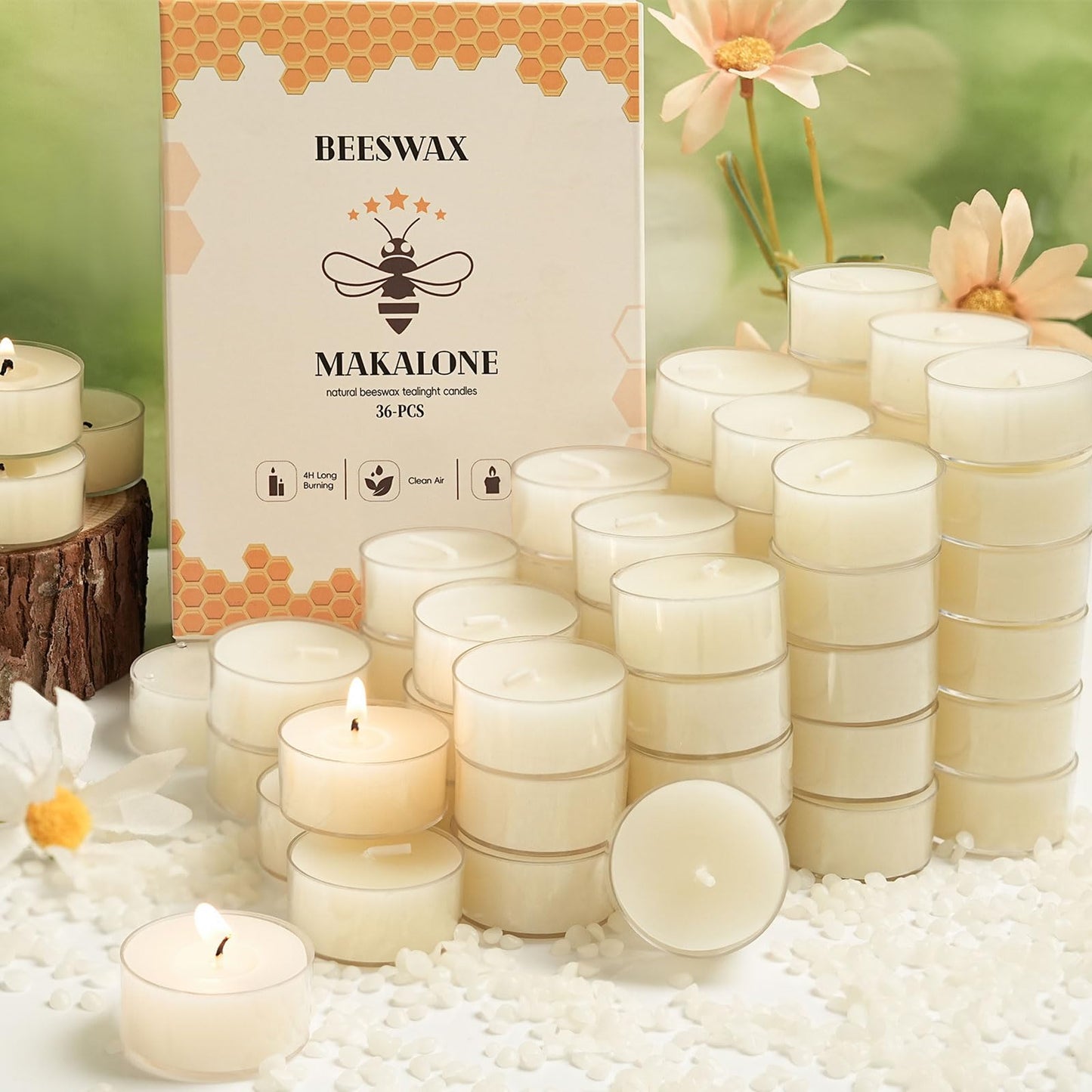 24Pcs White Beeswax Tea Light Candles-4 Hour Burn Time,100% Pure Natural Beeswax-Clean Burning & Air Purifying, Smokeless Bulk Tea Lights for Spa,Meditation,Wedding & Home Decor
