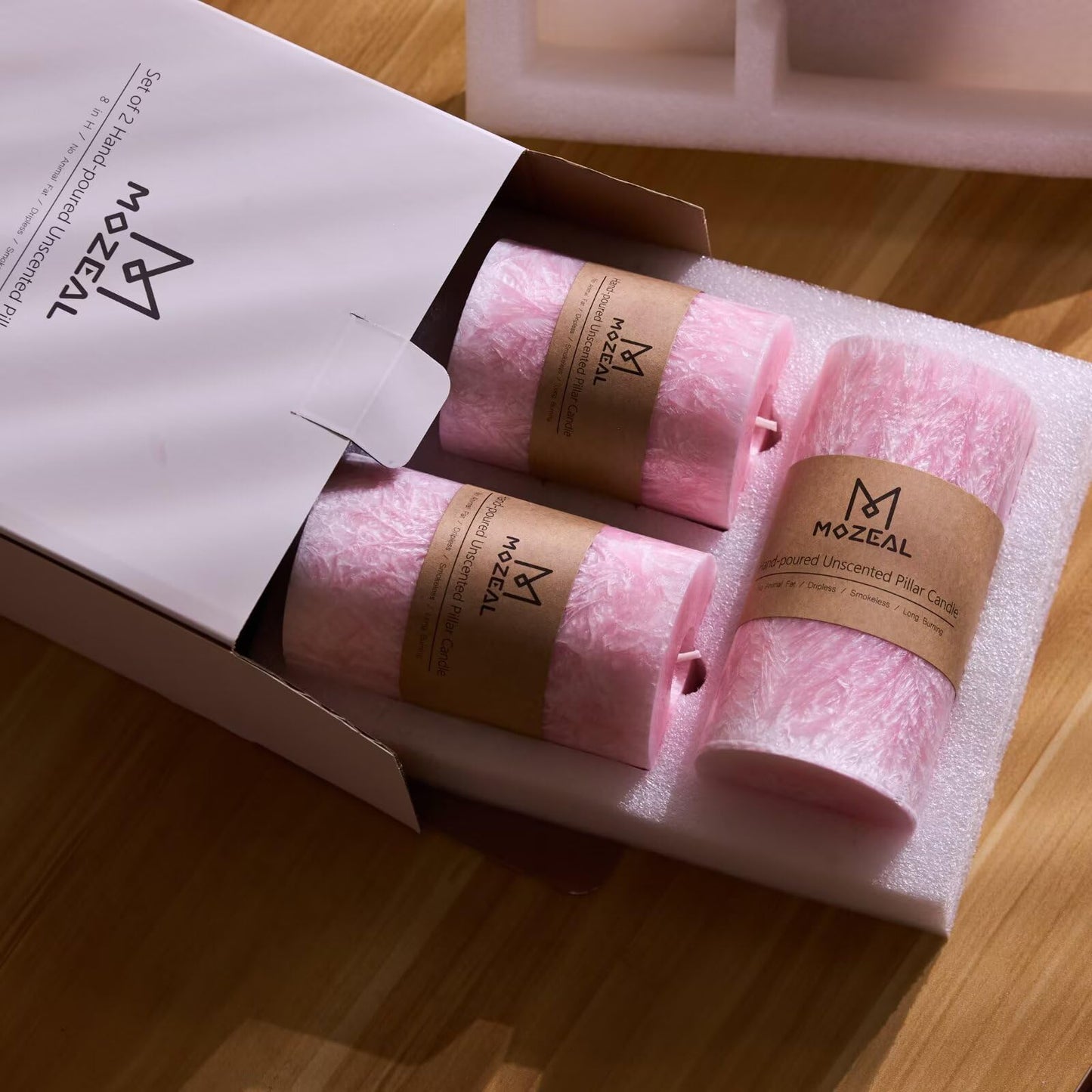MOZEAL Hand-Poured, Unscented Pink Crystal Pillar Decorative Candles, Elegant Set of 3 in Different Sizes (3"x4", 3"x5", 3"x6"), Luxurious Décor for Spring Homes & Events