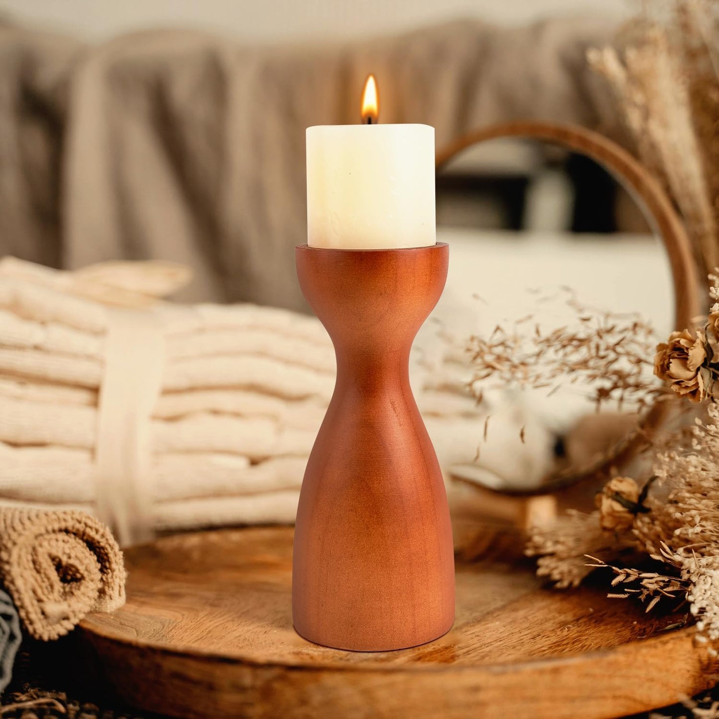 Wood Candle Holders for Pillar Candles Wooden Candlestick Holder Unique arc Design Home Decer with Solid Wood High-End Retro Farmhouse Style (Srown Smooth)