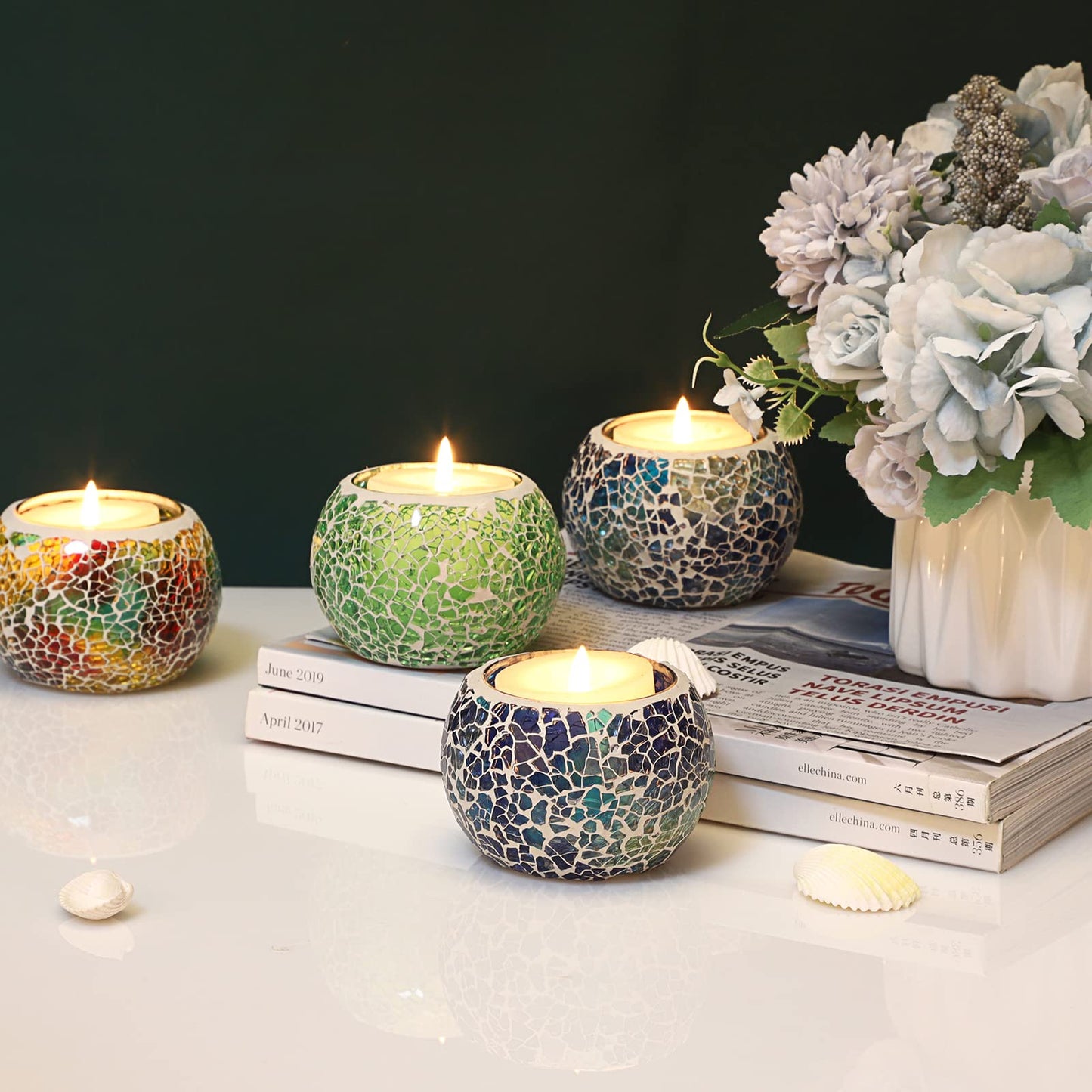 OwnMy 6PCS Mosaic Glass Tealight Holders: Round Votive Candle Holders & Stands for Table Centerpieces, Multicolor Glass Mosaic Tealight Holders, Small Potted Plant Bowl Candle Vases
