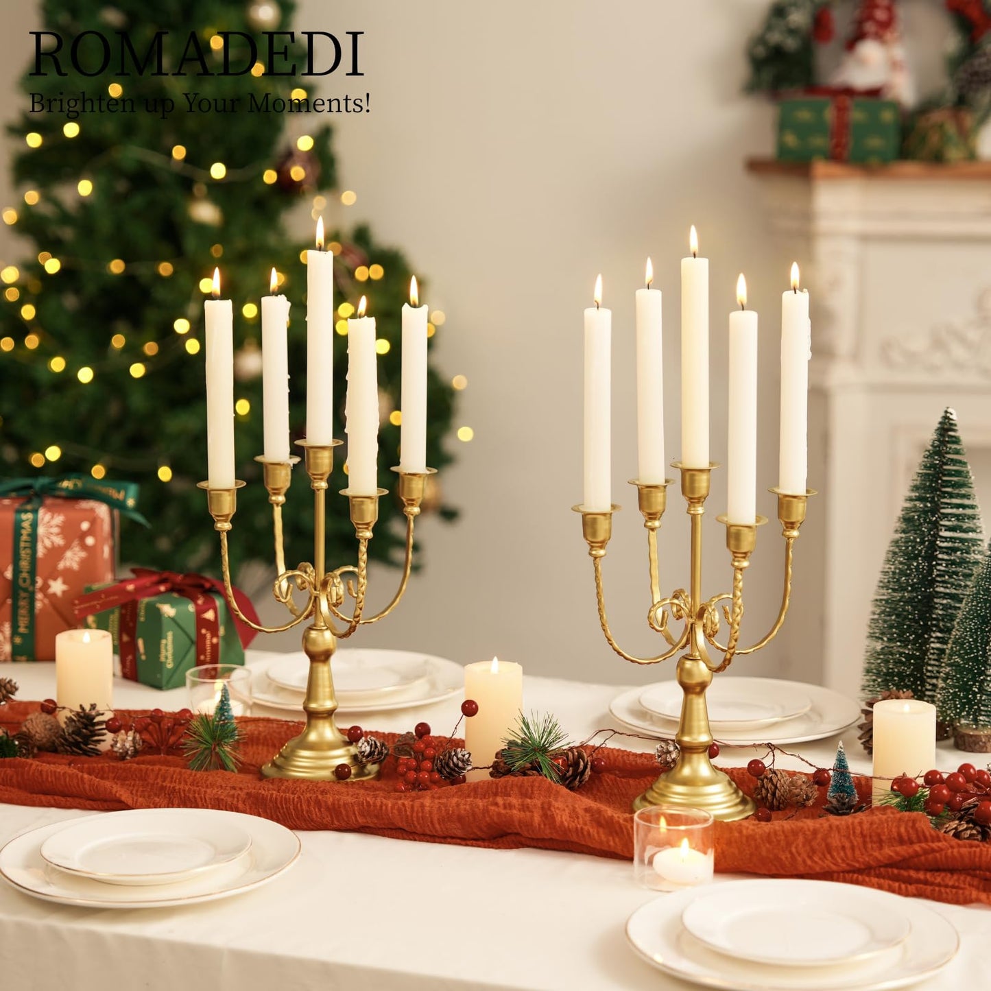 Romadedi Candelabra Gold Candle Holders - 5 Arm 11.8" Wedding Candlestick Holder for Theme Party Table Centerpiece Decor Dining Room Birthday Holiday Christmas, Set of 2