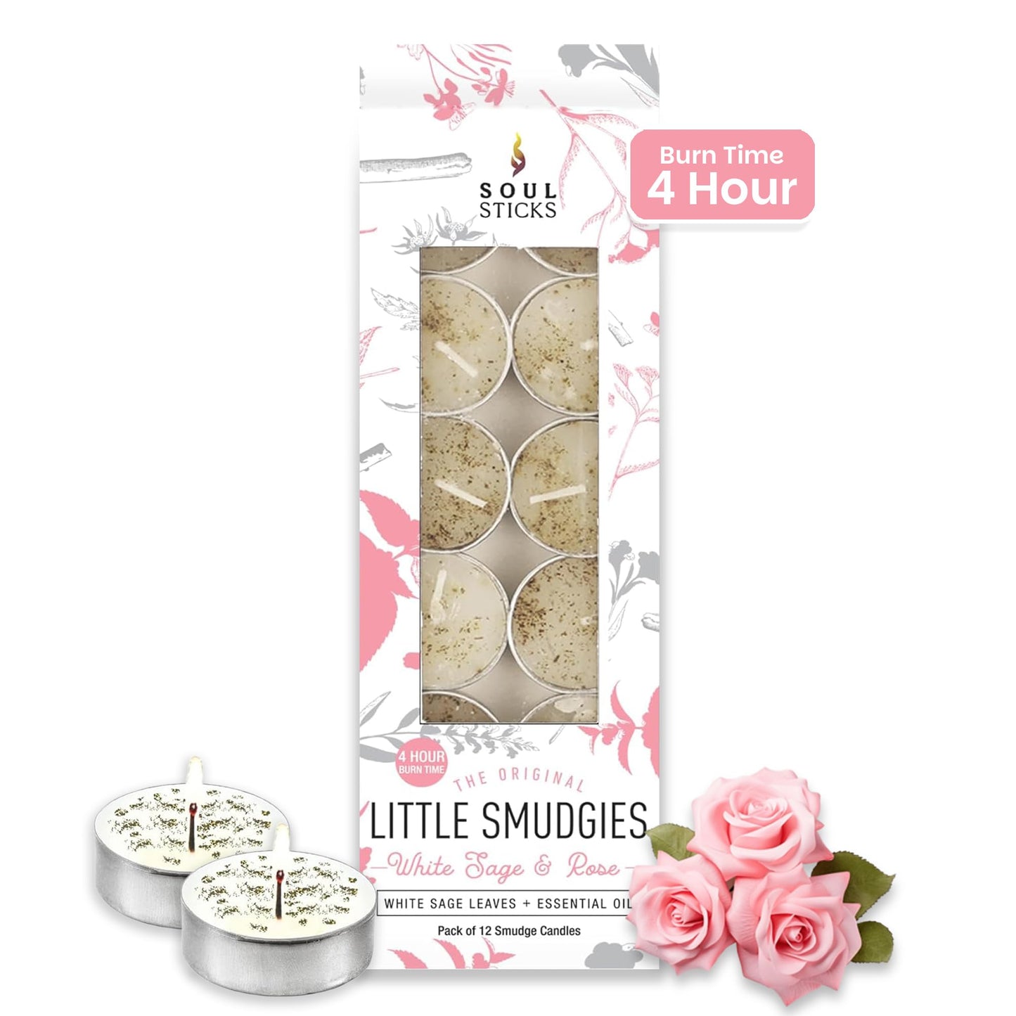 SOUL STICKS 12 Pack Little Smudgies Tealight Candles Smudge Candle for Cleansing House, Meditation, Chakra Healing | Made with Crystals and Herbs (White Sage & Rose)