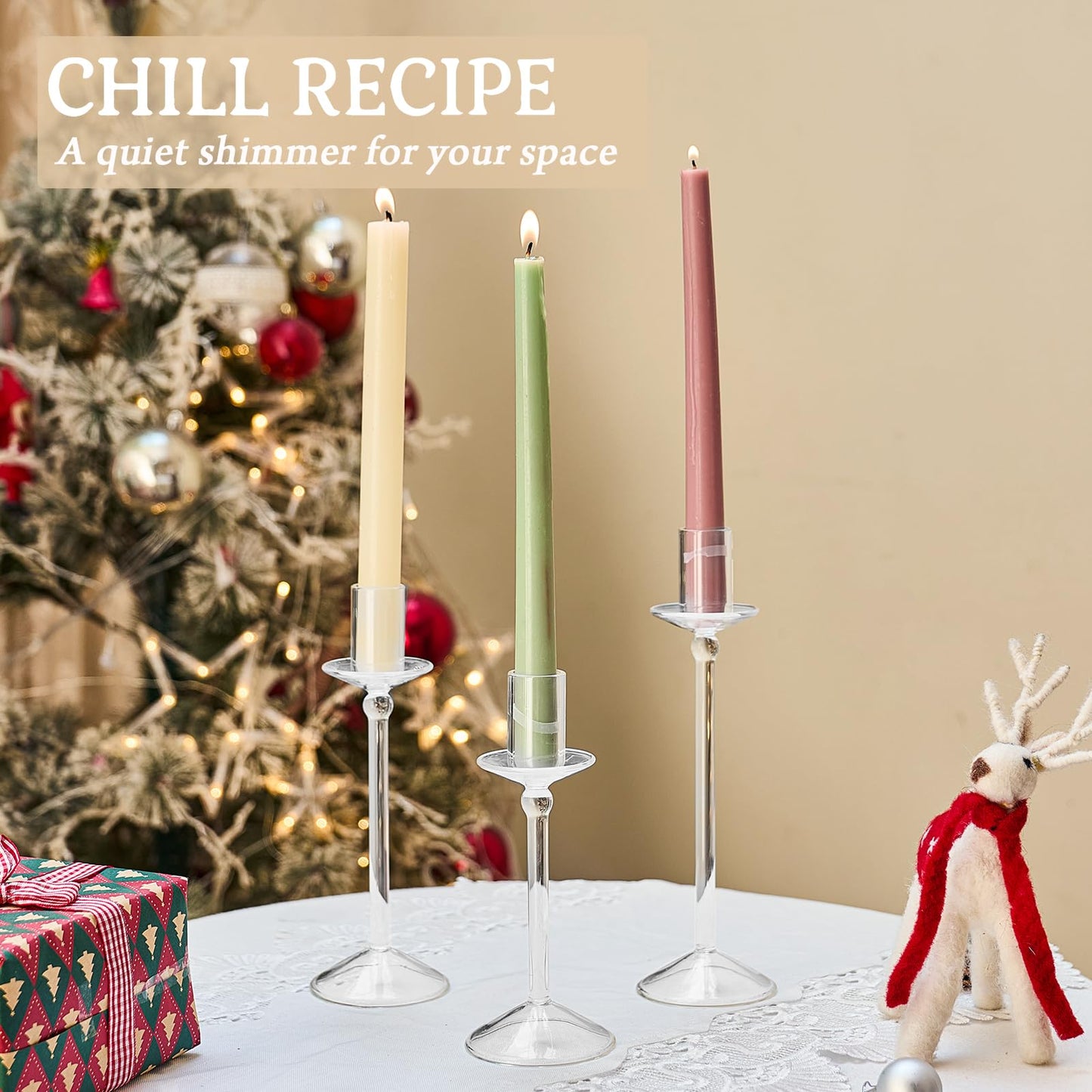 CHILL RECIPE Candle Holder Glass Taper Candlestick Holders with Built-in Candle Drip Protectors for Table Centerpiece Wedding Party (Clear 3Pcs)