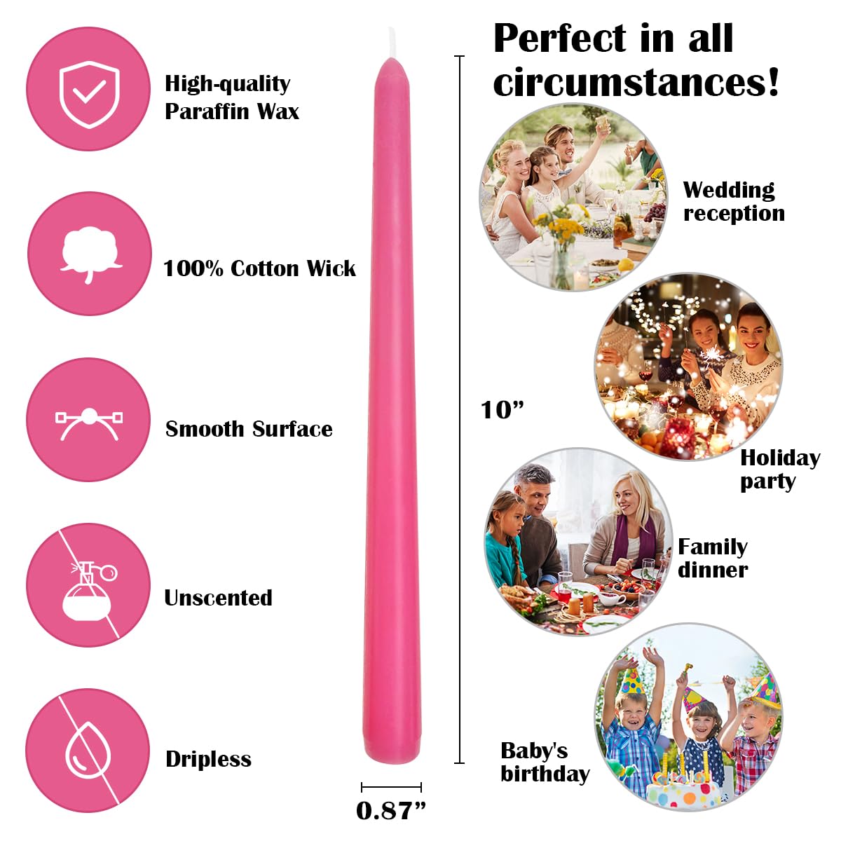 12-Pack Unscented Hot Pink Taper Candles, 10 Inch Dripless Smokeless Candlesticks, Long-Lasting Burn Time of 7-8 Hours, Perfect for Home Decor Wedding Dinner
