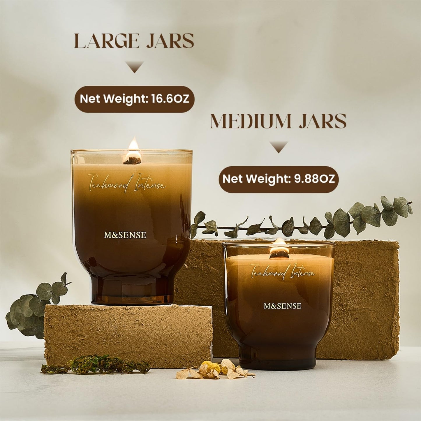 M&SENSE 9.9oz Natural Soy Wax Jar Candle with Wooden Wick | Teakwood Intense Scent | 55-Hour Burn & Long-Lasting Burn | Housewarming Gift for Men and Women