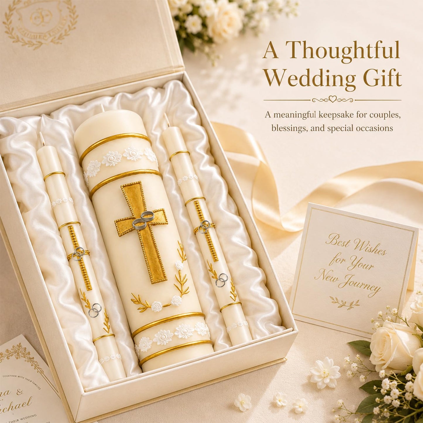 Unity Candles for Wedding Ceremony Set,Wedding Candles 1 Pillar 11.5 Inch and 2 Taper 10 Inch Set 3,Catholic Religious Ceremony Accessories,Velas para Boda (Cross & Rings)