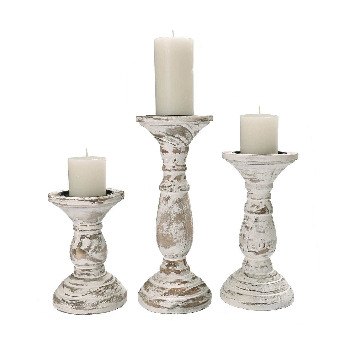 Yorkmills Pillar Candle Holder Set of 3, Farmhouse Decor Living Room Tall Candle Holders for Pillar Candles, Wood Candle Holders for Table Centerpieces White Home Decor Kitchen Dining Room Table Decor