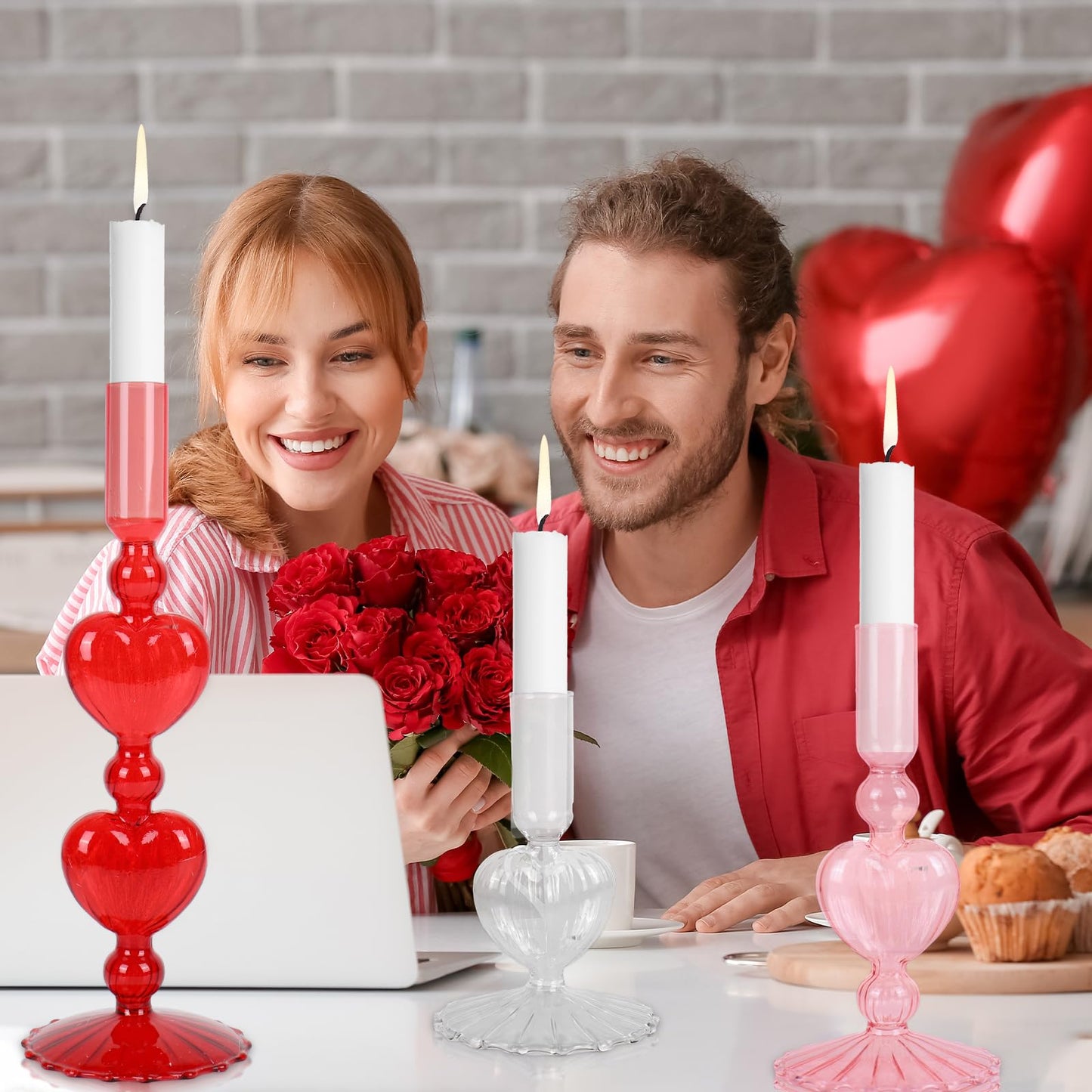 JarThenaAMCS 3Pcs Valentine's Day Taper Candle Holder Glass Candlestick Holder Clear Red Pink Heart Candle Stick Vase for Wedding Anniversary Party Table Centerpiece Decor