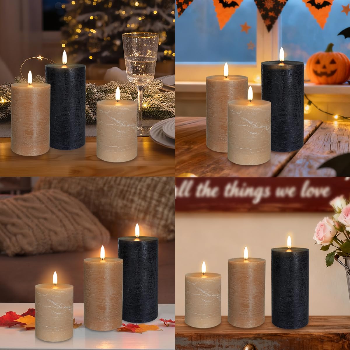LEDHOLYT Rechargeable Flameless LED Pillar Candles–Luminous Real Wax Indoor Home Decor–Set of 3, Realistic Flickering LED Flame,Remote & Timer, USB-Rechargeable(Caramel Beige)