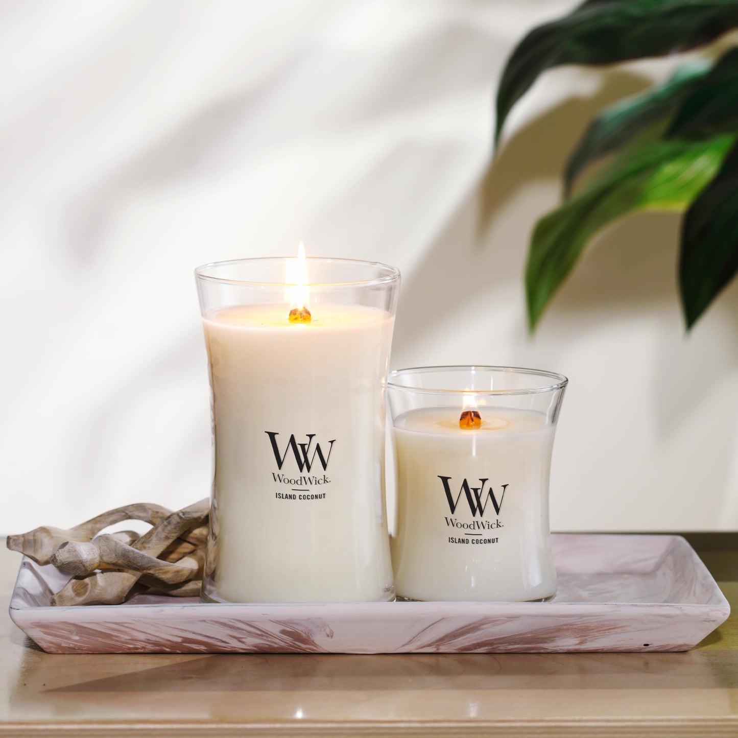 WoodWick Medium Hourglass Candle White Teak - Premium Soy Blend Wax Pluswick Innovation Wood Wick Made in USA