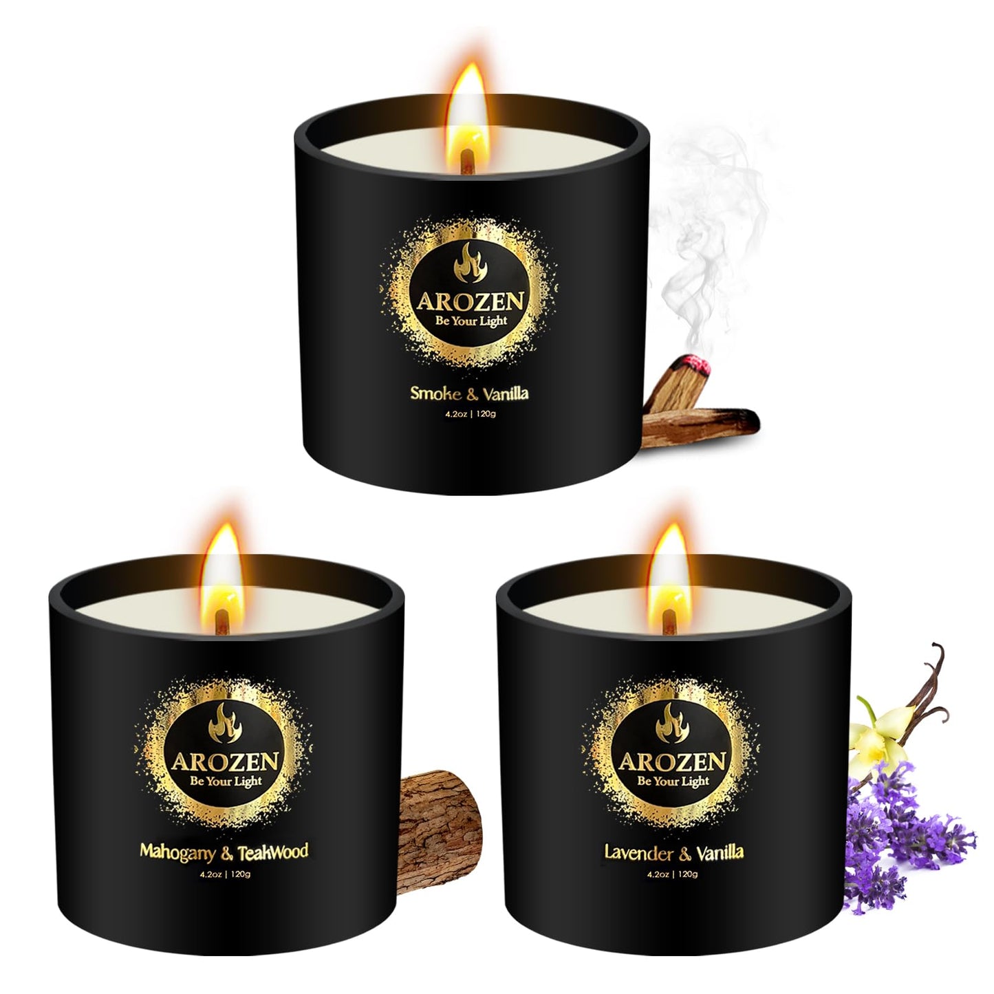 AROZEN 3 Pack Candles for Home Scented, Scented Candles Gifts Set for Men, Aromatherapy Soy Candle of Lavender, Mahogany Teakwood & Smoke Vanilla, Gifts for Men Fathers Day Valentine's Day Present