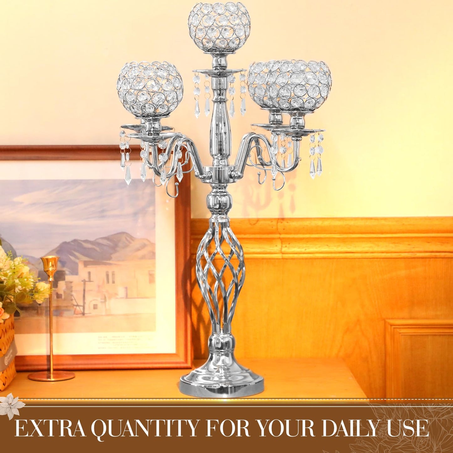 Nitial 4 Pcs 5 Arm Crystal Candelabra Centerpieces for Table 27 Inch Retro Victorian Crystal Candle Holders Bowl Table Centerpieces Decor for Wedding Banquet Valentine Dinner Party Event (Silver)