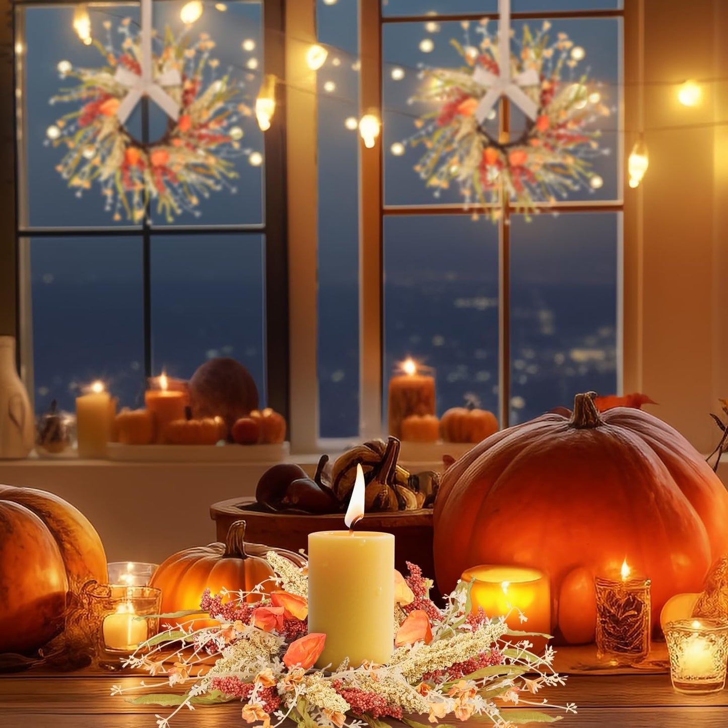 6 Pcs Fall Candle Rings 9 inch Thanksgiving Autumn Wreaths with Flowers for Tables Artificial Farmhouse Candle Rings Wreath for Front Door Porch Wall Window Decorations