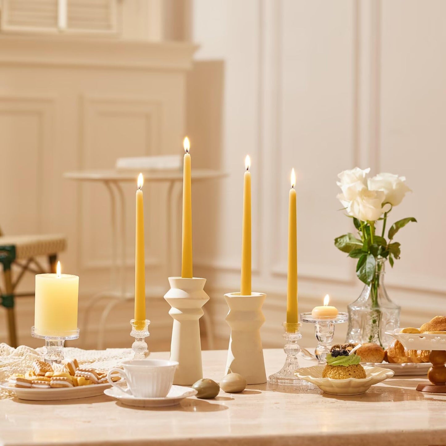 Pickood 12-Inch Tall Dripless Taper Candles Set of 4 - Lemon Yellow Tapered Candles, Perfect for Spring - Smokeless, Unscented, Long Burning - Hand Poured, Colored Tall Candlesticks - Lenmon