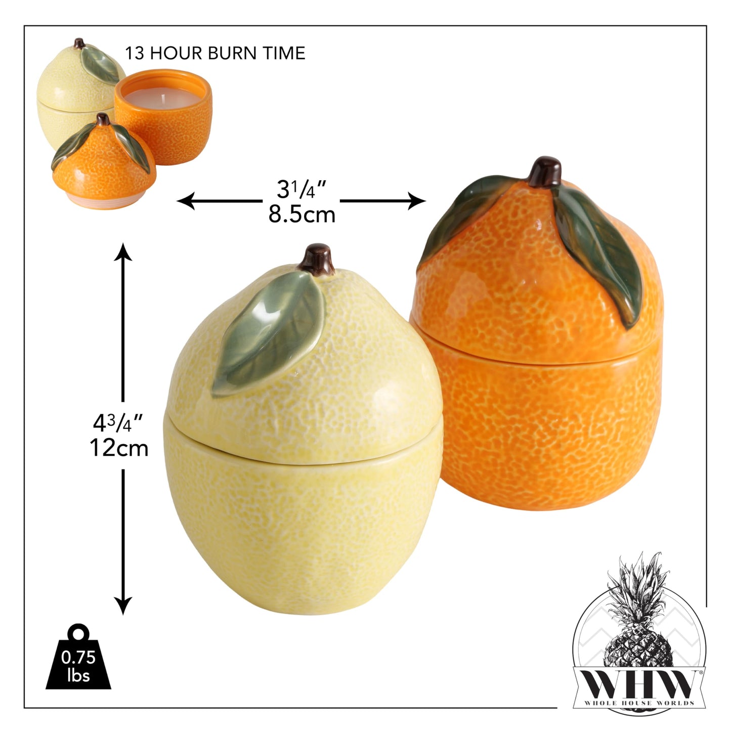 WHW Whole House Worlds Citrus Shaped Candles, Set of 2, 1 Lemon Yellow and 1 Bright Orange Ceramic Jars with Lids, Long Burn Time, 13 hours burn time, 4.75 Inches Each