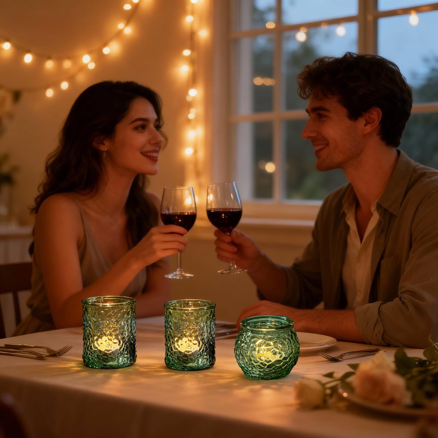 24-Piece Green Glass Votive Candle Holders Set – Tealight Candle Holder Glass Bulk with 12 Round & 12 Hammered Textured Cups, Green Votive Candle Holders for Weddings, Parties, Home
