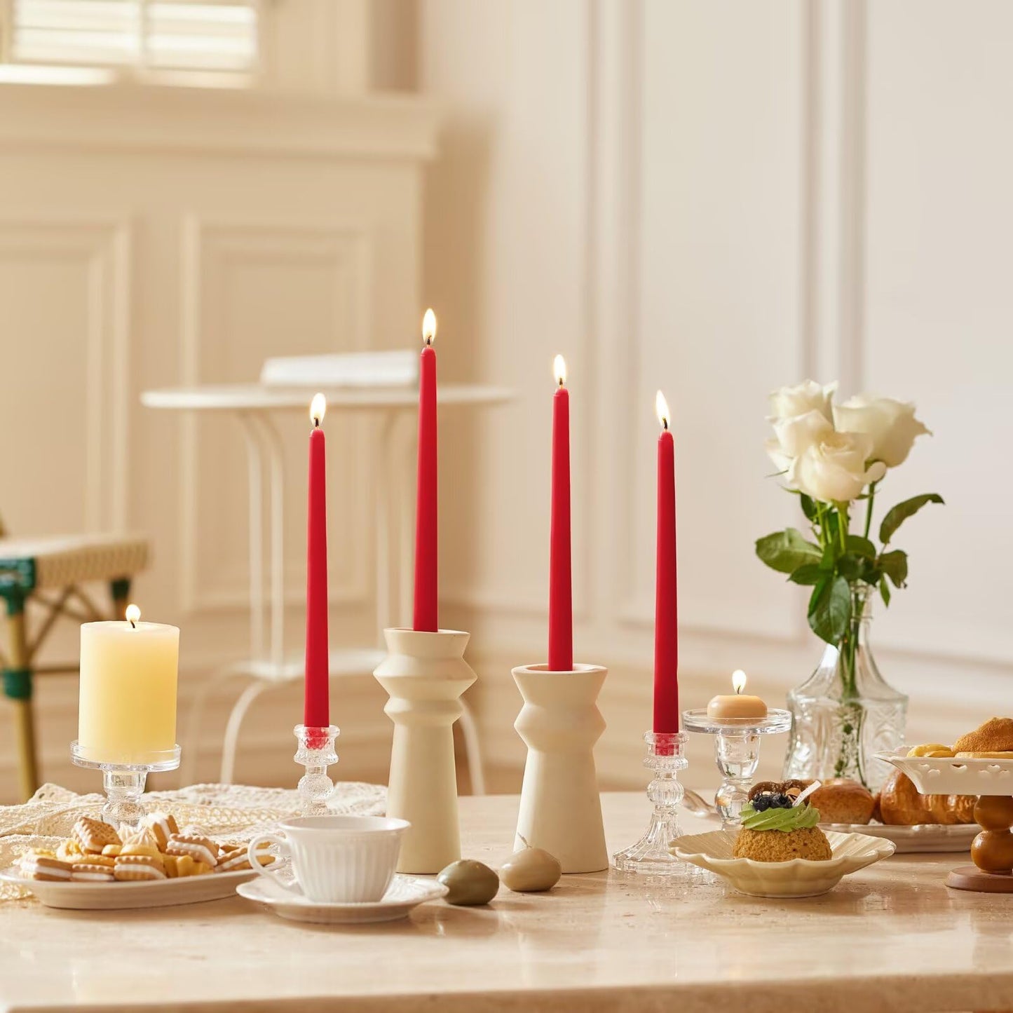 Pickood 12-Inch Tall Dripless Taper Candles Set of 4 - Red Tapered Candles, Perfect for Christmas - Smokeless, Unscented, Long Burning - Hand Poured, Colored Tall Candlesticks - Bright Red