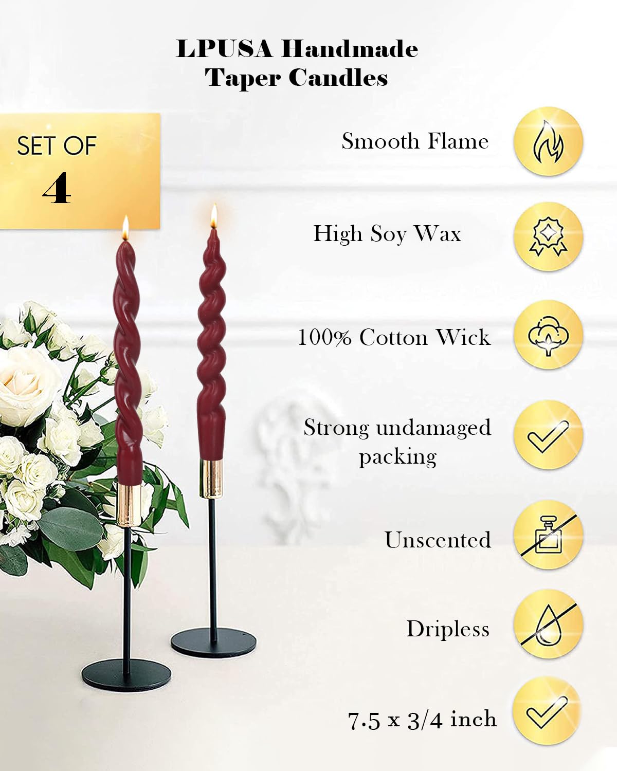 Spiral Taper Candles Red Short Candle Sticks Unscented Smokeless Twisted Candlesticks for Seasonal Home Decor Christmas Table Decor-7.5inch-4pack