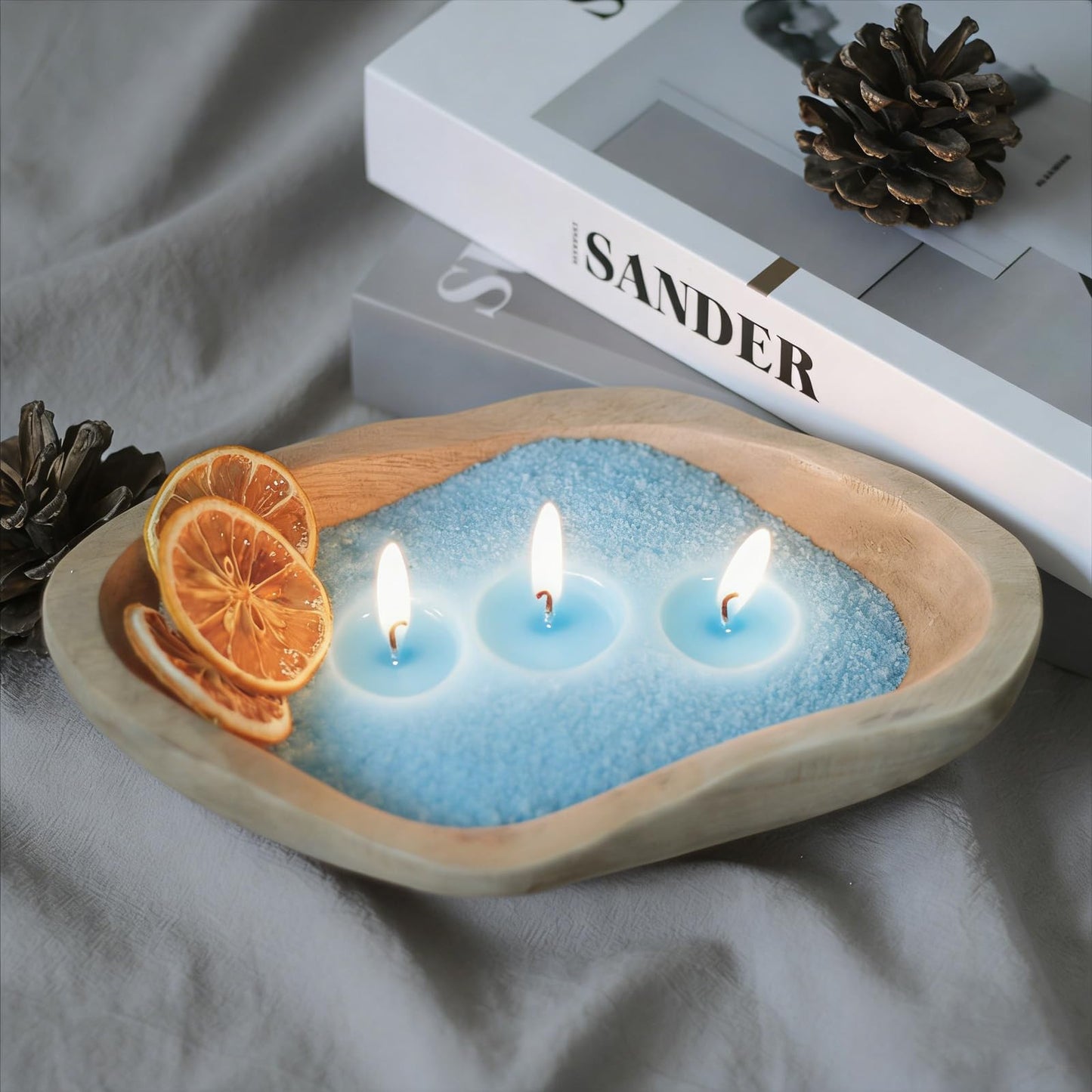 GrusoSP Reusable Wooden Dough Bowl Candle with 18 Oz Pearled Candle Sand and 30 Wicks Unscented Palm Sand Wax Refillable Powder Candles DIY Wax Making Kit (Blue)