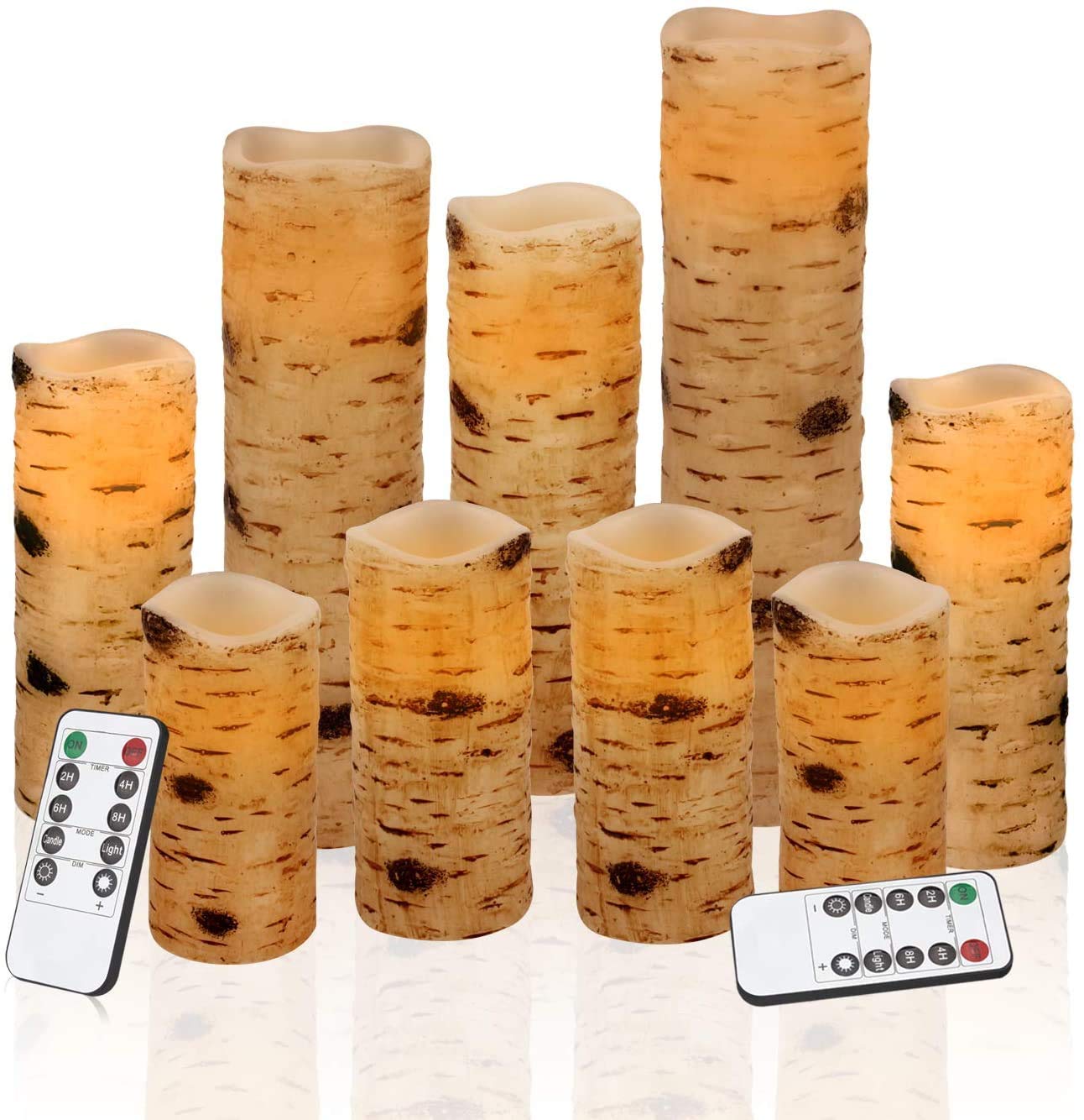 antizer Flameless Candles Birch Bark Effect Battery Operated Candles 4" 5" 6" 7" 8" 9" Set of 9 Real Wax Pillar LED Candles Each Candle 2.2" Diameter with 10-Key Remote Control 2/4/6/8 Hours Timer