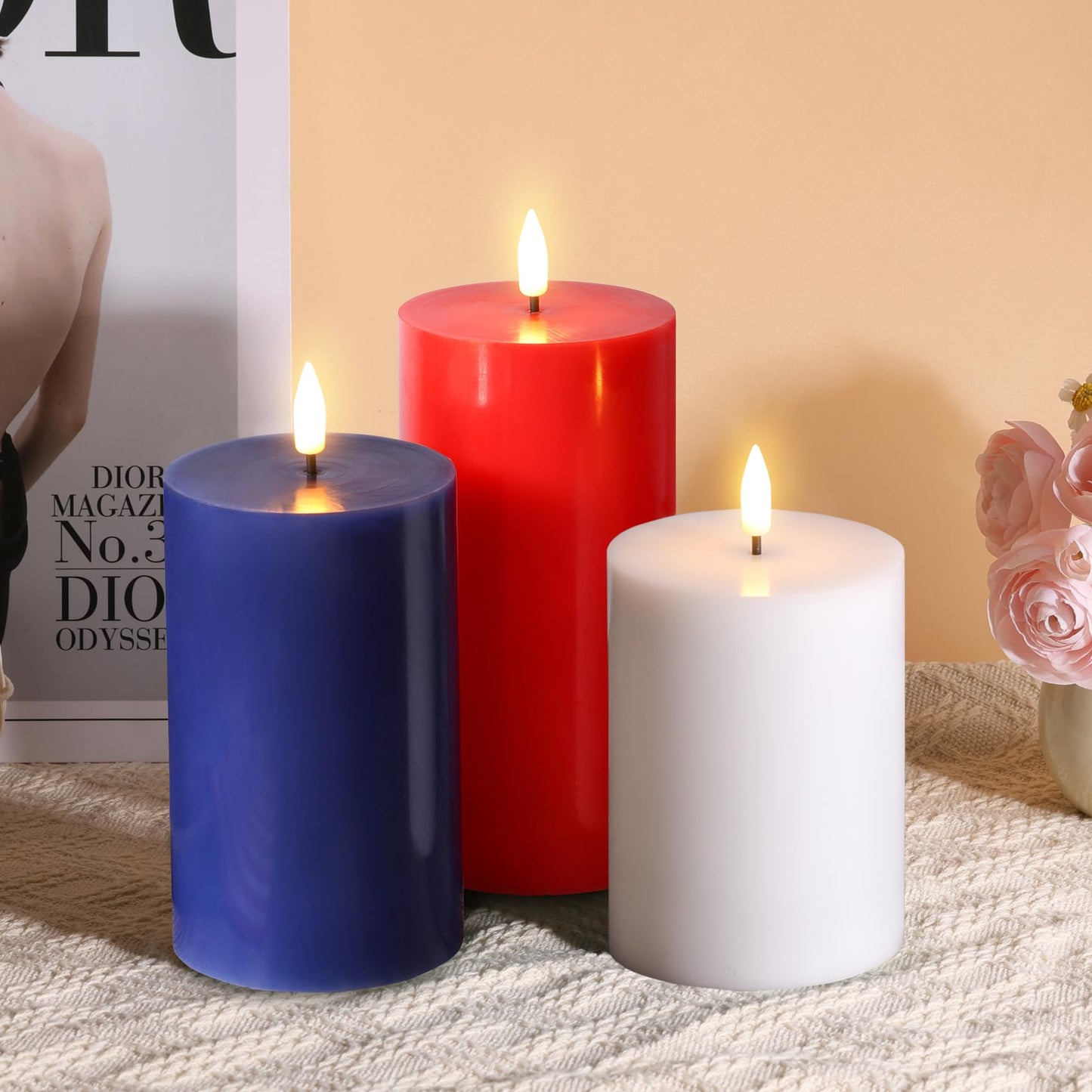 Eywamage Red White Blue Patriotic Flameless Pillar Candles with Remote, Real Wax 4th of July LED Candles Set of 3