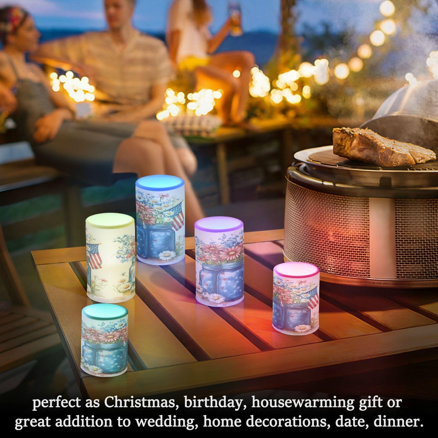Patriotic Red Blue Flowers Vase American Flag5 Flickering Flameless Candles Battery Operated with Remote Timer,Tea Light Candles LED Pillar Votive Candles set of 2 for Outdoor Indoor Decorations