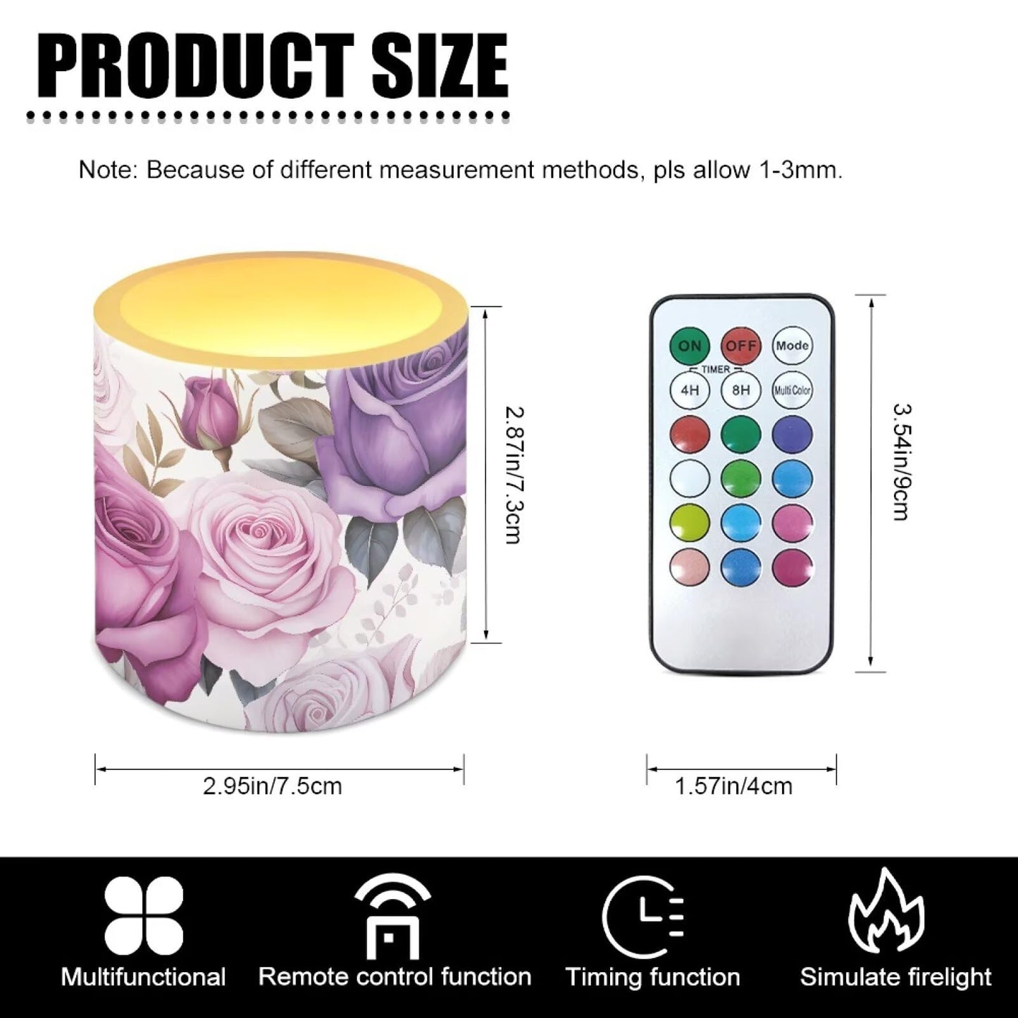 NETILGEN 4 Pieces Flameless LED Pillar Candles with Battery Operated Color Changing Flameless Candles with Timer Remote Purple Rose Flower Wedding Party Decor